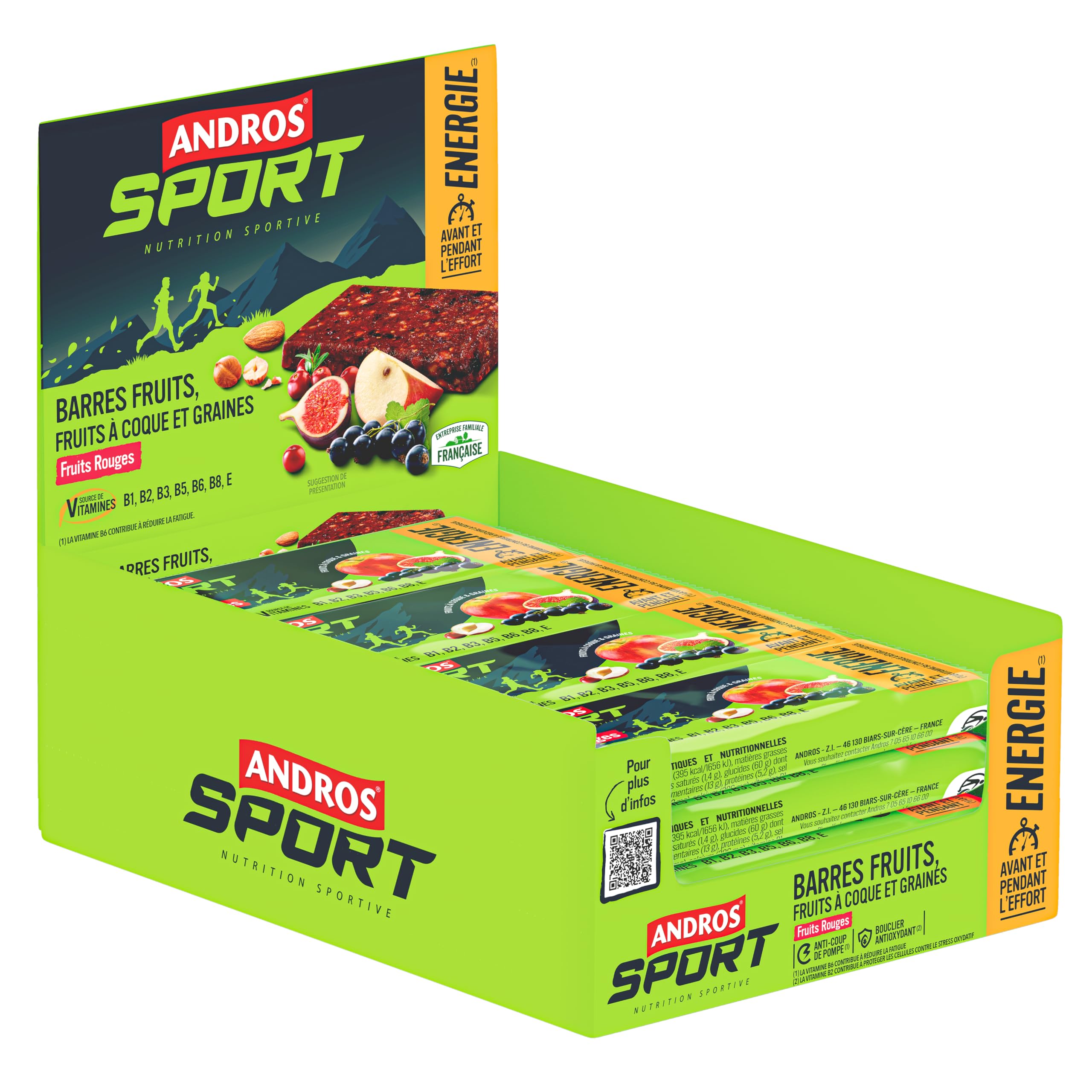 Andros Sport Barre Fruits Rouges - Source d'Energie Riche en Fruits - Avant et Pendant l'Effort - Encas Multivitaminé Sans Gluten - Lot de 16 barres individuelles de 40g