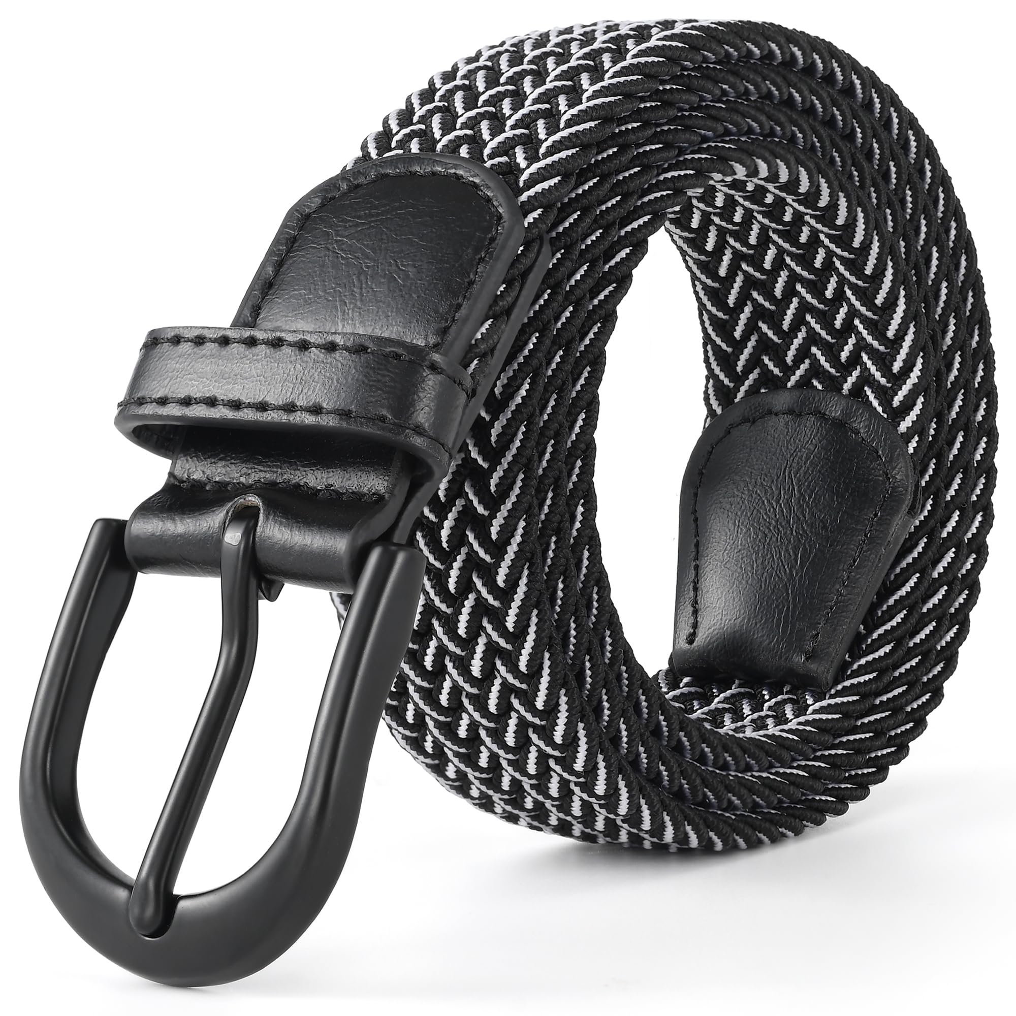Mile High Life | Braided Stretch Elastic Belts | Pin Oval Solid Black Belt Buckle | PU Loop End Tip Men/Women/Junior Belt