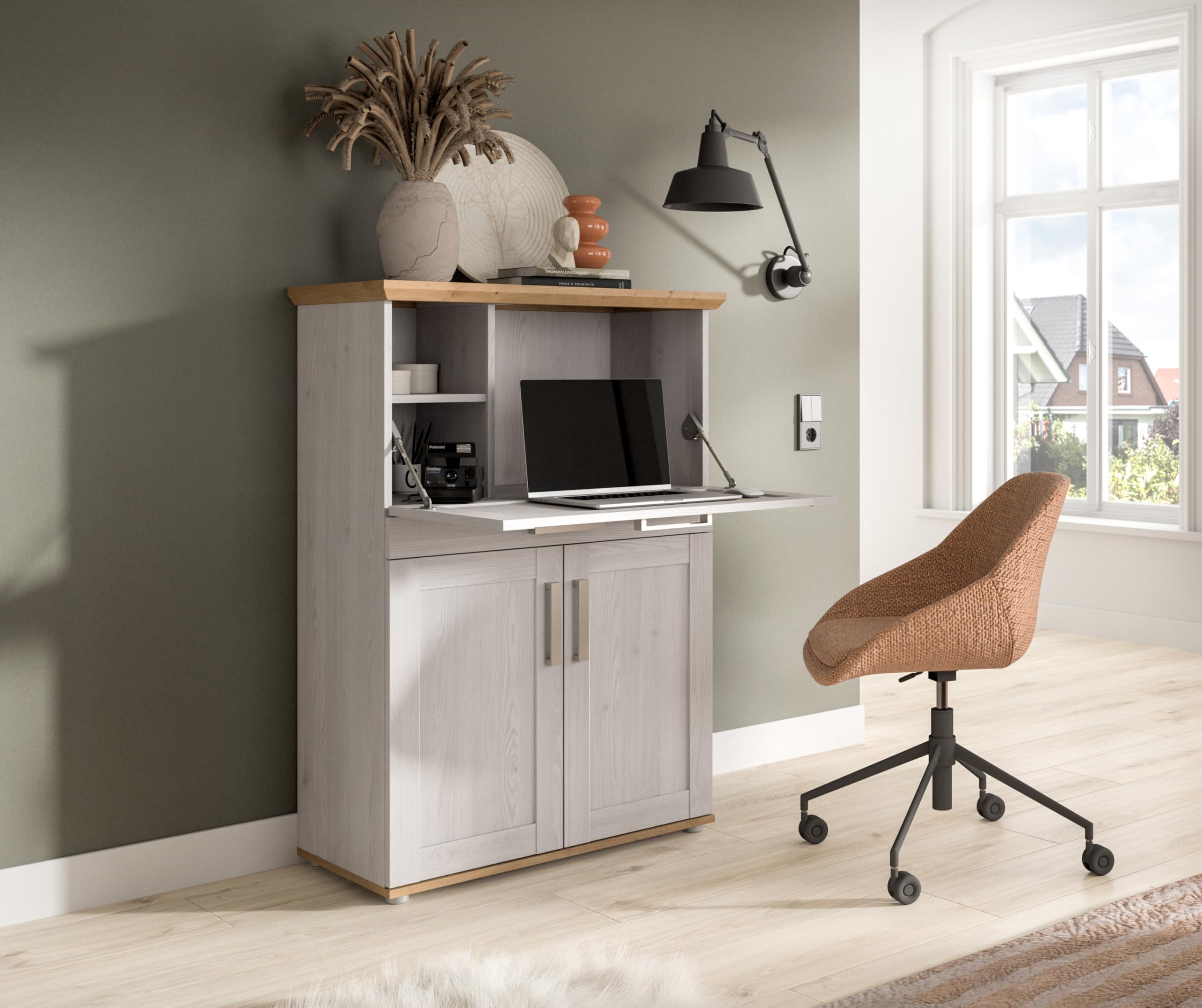 xonox.home – Sekretär Verona 84x122x42 cm in Sibiu Lärche & Artisan Eiche Nachbildung – Kompakter Arbeitsplatz mit 1 Klappe & 2 Türen – 5 Fächer bieten idealen Stauraum für Schreibutensilien & Post