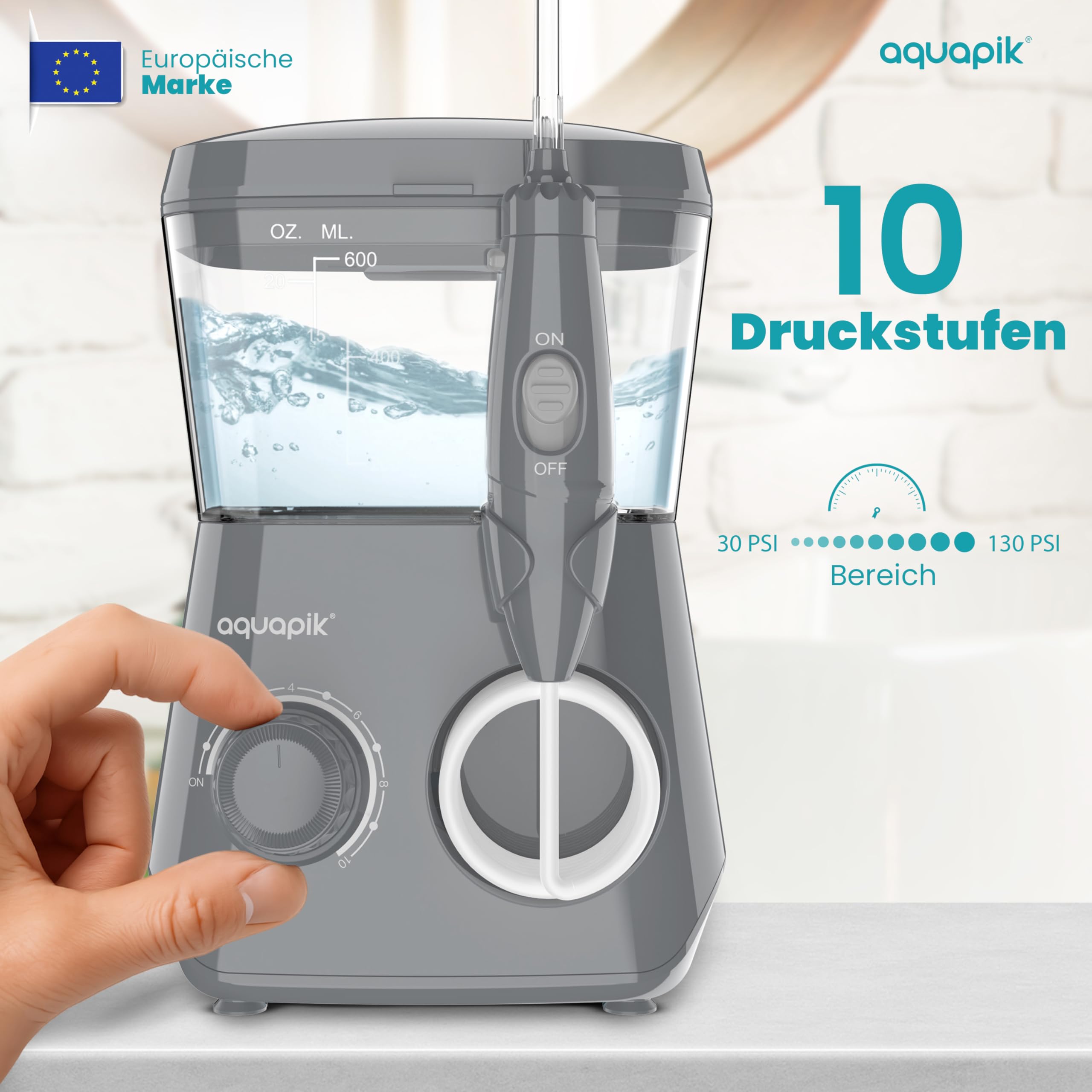 Aquapik® ADVANCED Munddusche | Ideal für Zahnspangen, Implantate und empfindliches Zahnfleisch | Aufhellungs-Kit entfernt Flecken | 10 Druckstufen | 10 Düsen | Von Zahnärzten empfohlen.