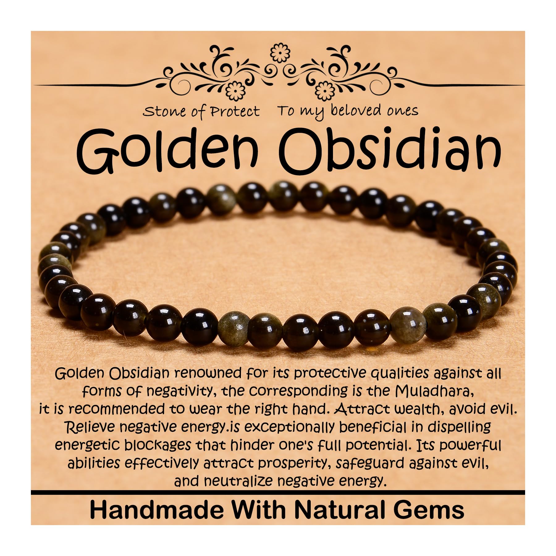 4mm Natural Healing Gemstone Bracelet Handmade Yoga Stretch Elastic Bracelet Stress Relief Crystal Jewelry for Men and Women (4mm, Golden Obsidian)