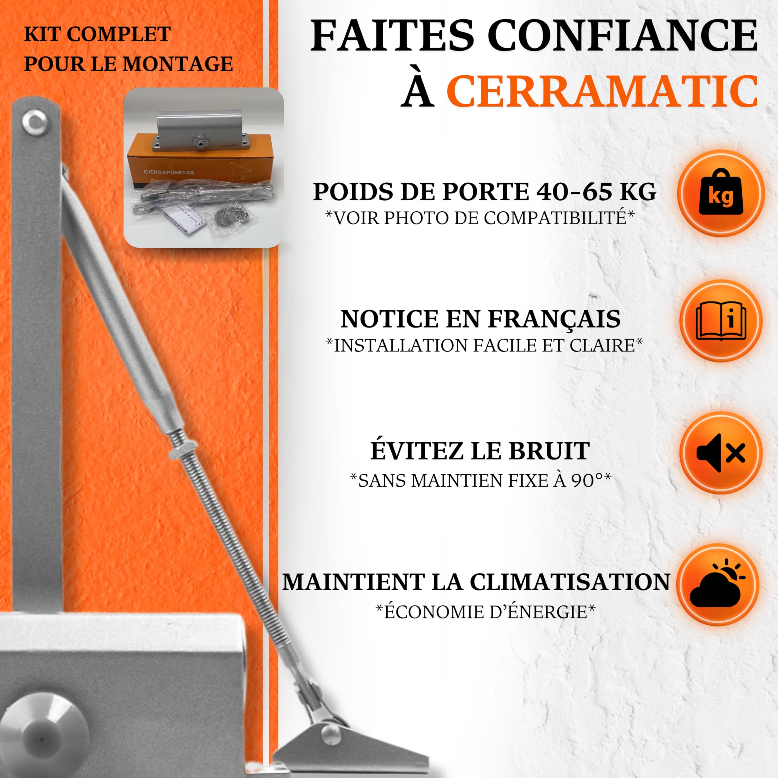 M-200 Ferme Porte – Groom Hydraulique à Bras Articulé, Fermeture Porte Automatique Silencieuse, Amortisseur 40-65kg, Anti Claquement