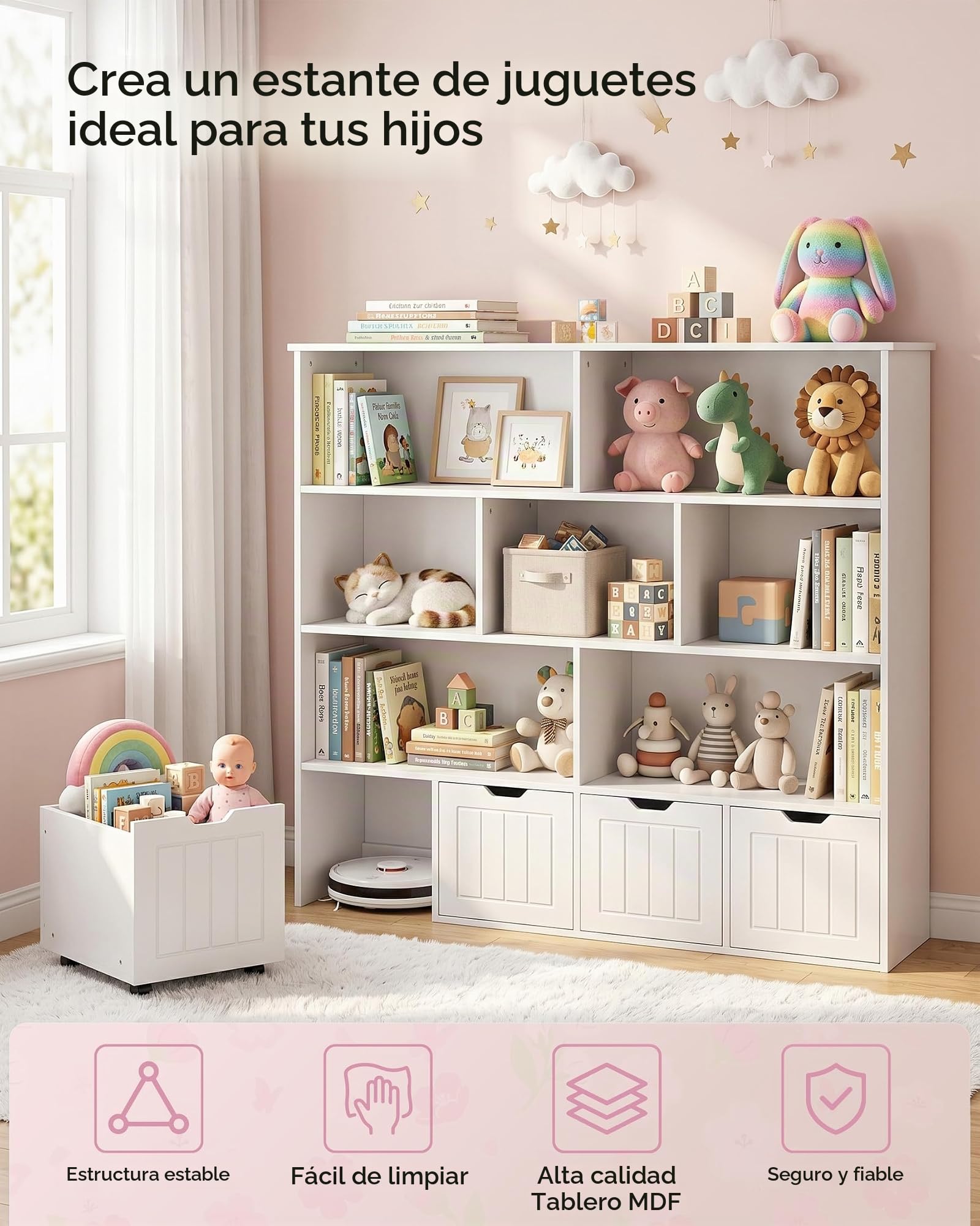 Estanteria Libros Infantil, Libreria Infantil, Almacenaje Juguetes con 4 cajones móviles, Organizador Juguetes con 7 Compartimentos Abiertos (125.5x33x118 cm)
