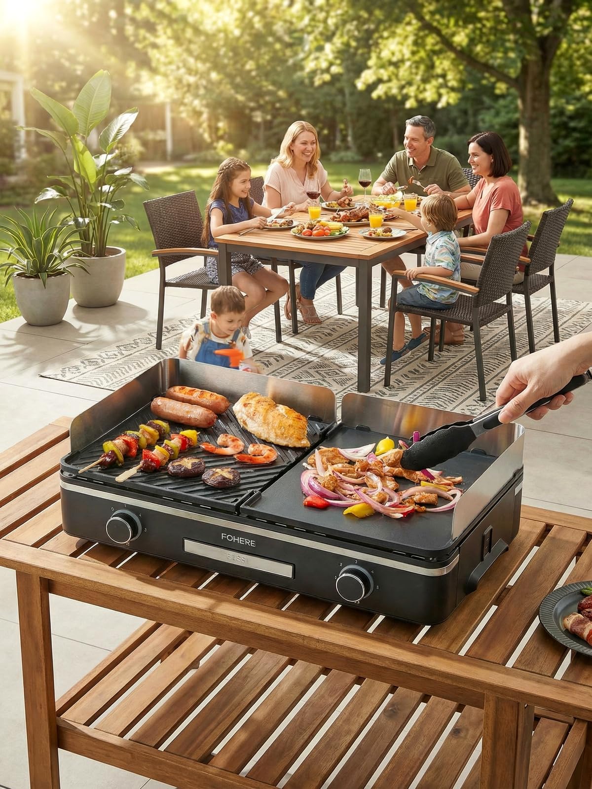FOHERE Barbecue Électrique de Table 2400W - Plancha de Jardin et Balcon avec 2 Zones de Cuisson Indépendantes - Grande Surface Antiadhésive (Lisse & Nervurée) - Idéal Camping et Extérieur