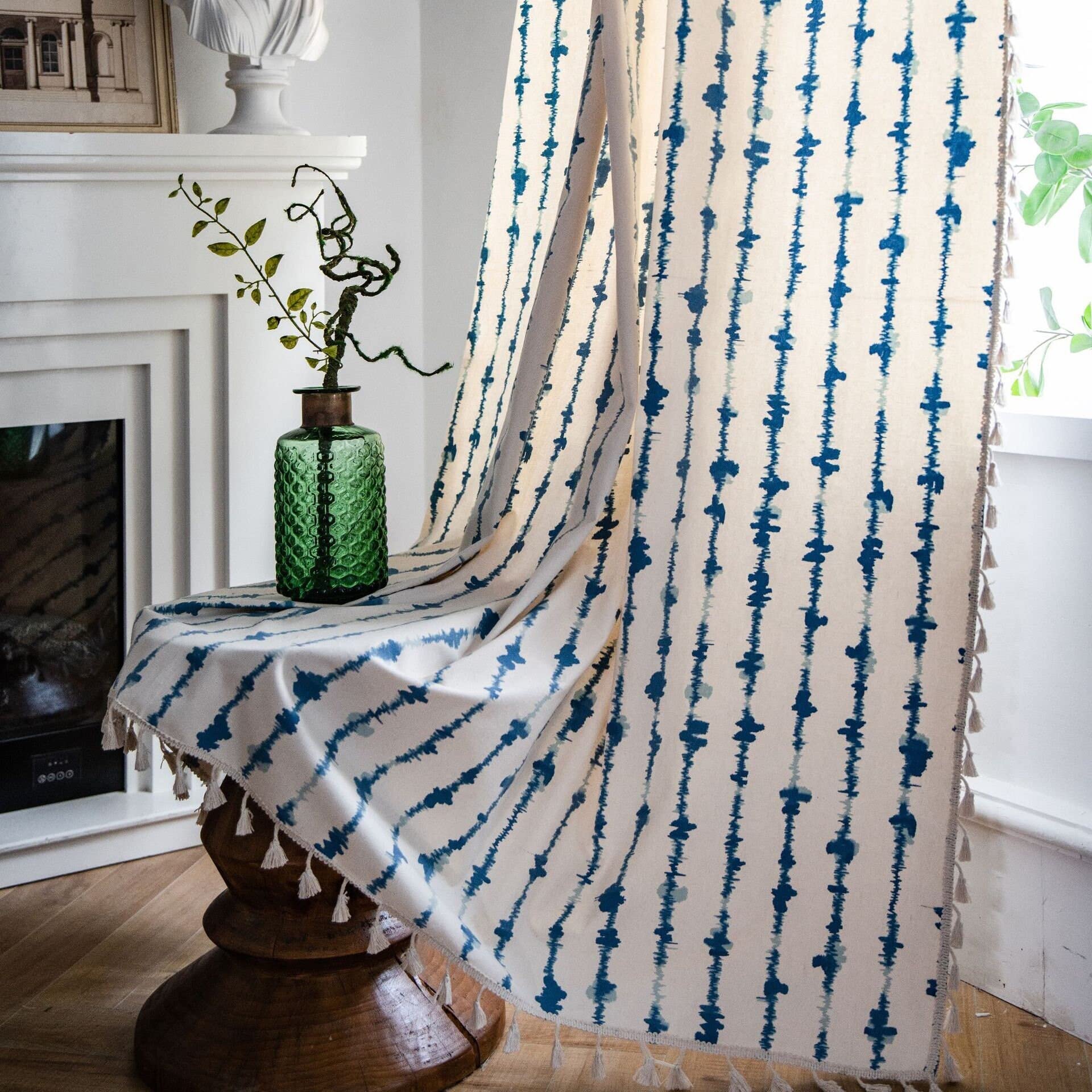 HUESLAND Cotton Window Curtains 5 feet Long, 1 Bohemian Eyelet Curtain (Window 5 x 4 ft, Blue Vertical Stripes)