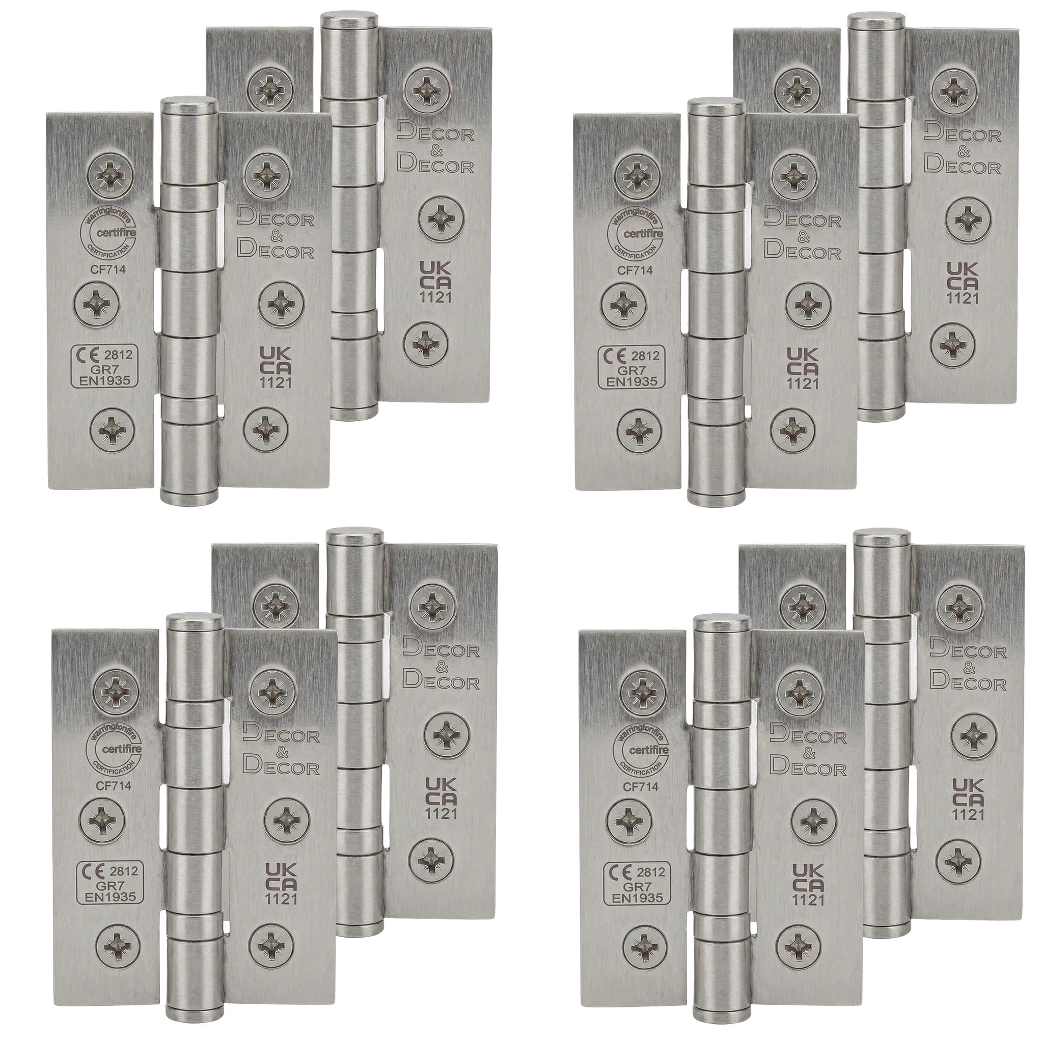 Decoranddecor Door Hinges Internal - Fire Rated - 3inc / 76mm - Ball Bearing - Steel - Satin Nickel - 4 Pairs