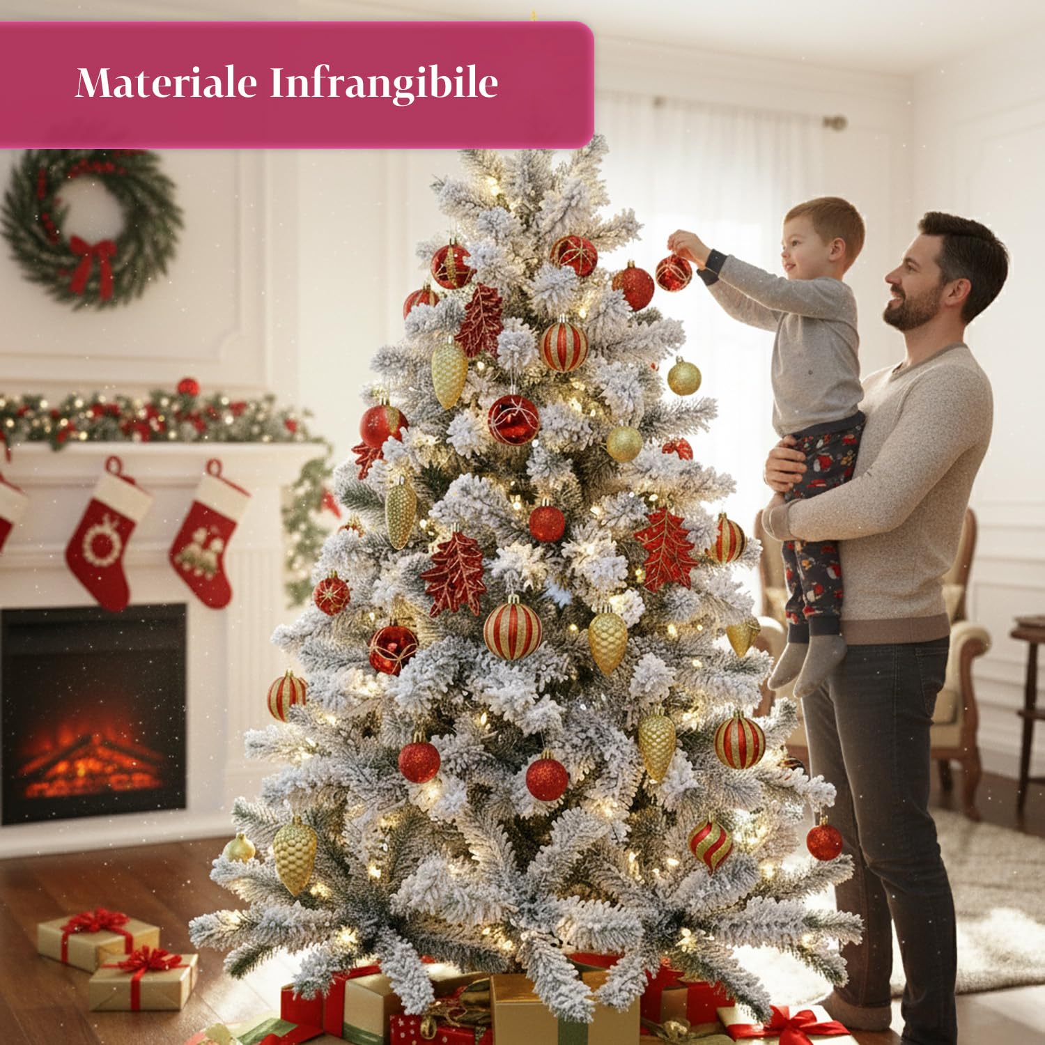 Wintem Lot de 106 décorations d'arbre de Noël en Rouge et Or avec balles, Fleurs et étoiles incassables pour décorations de Noël coordonnées, faciles à accrocher et à réutiliser
