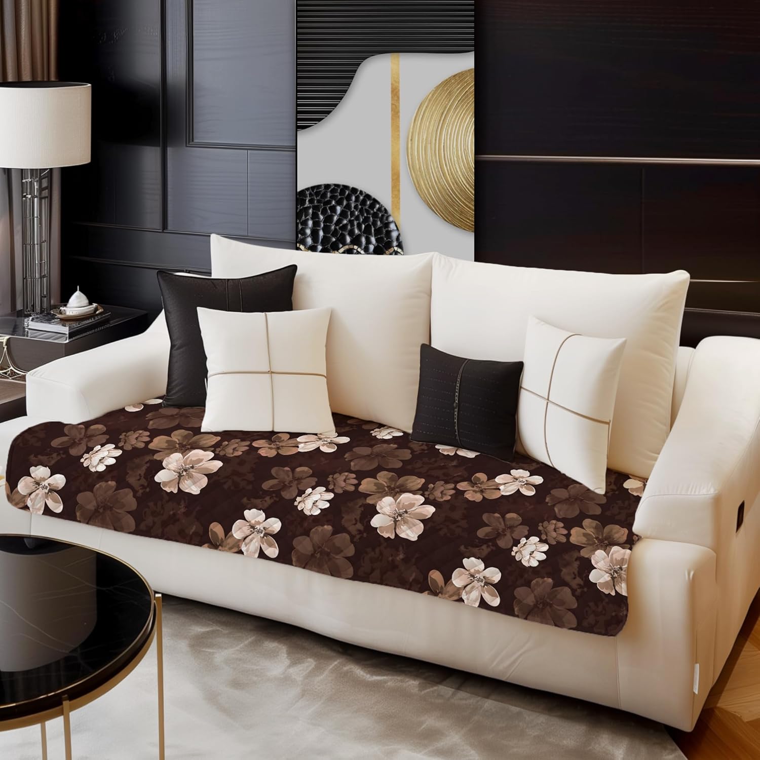 Decorian Premium Soft Quilted Velvet Sofa Cover Mat, Sofa Seat Runner for Couch (Coffee Brown Flower, 3 Seater)