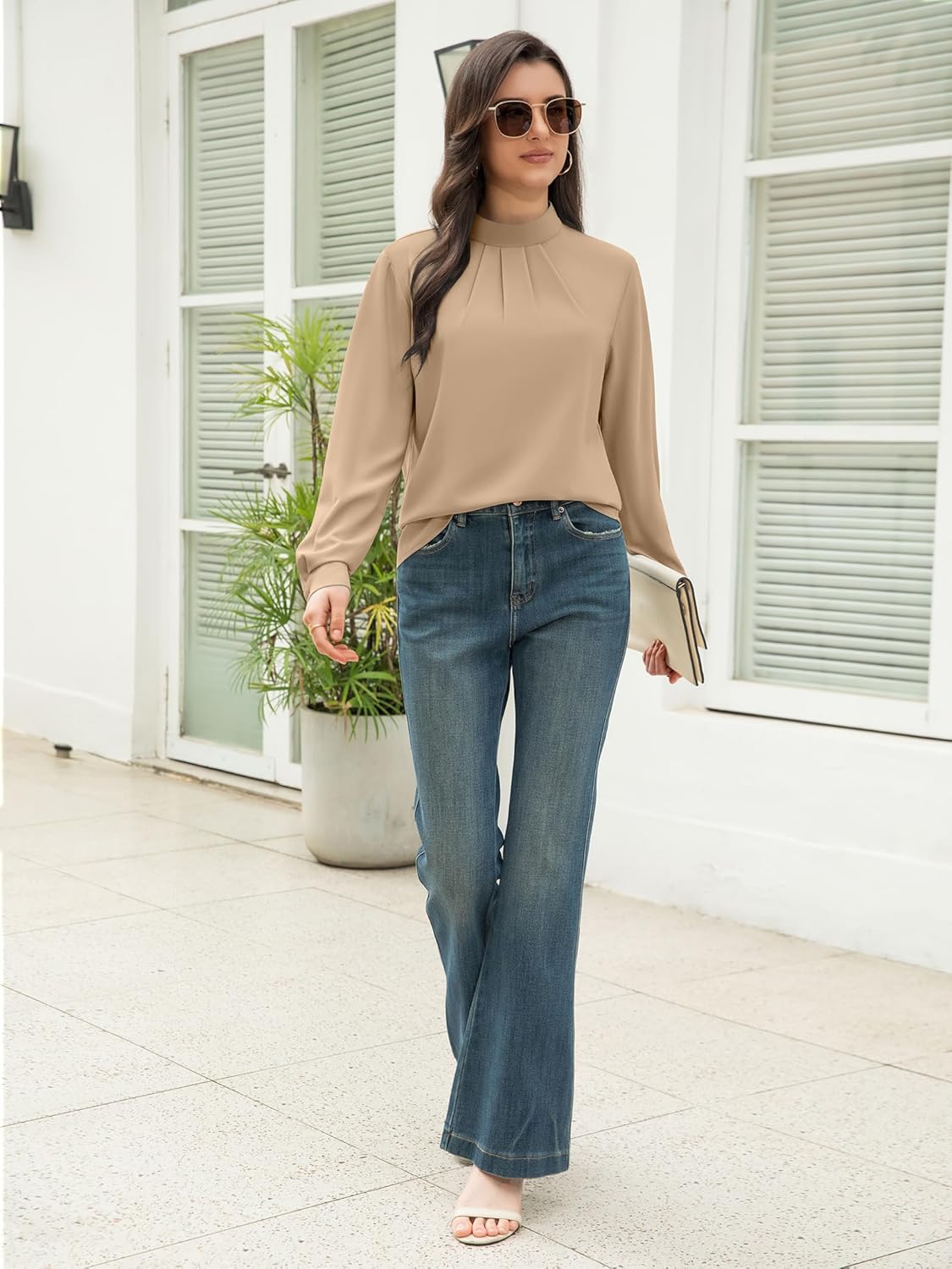 Funlingo Women's Long Sleeve Tops Dressy Casual Mock Neck Work Blouse Fall Trendy Front Pleated Tunic Chiffon Shirts - Image 6