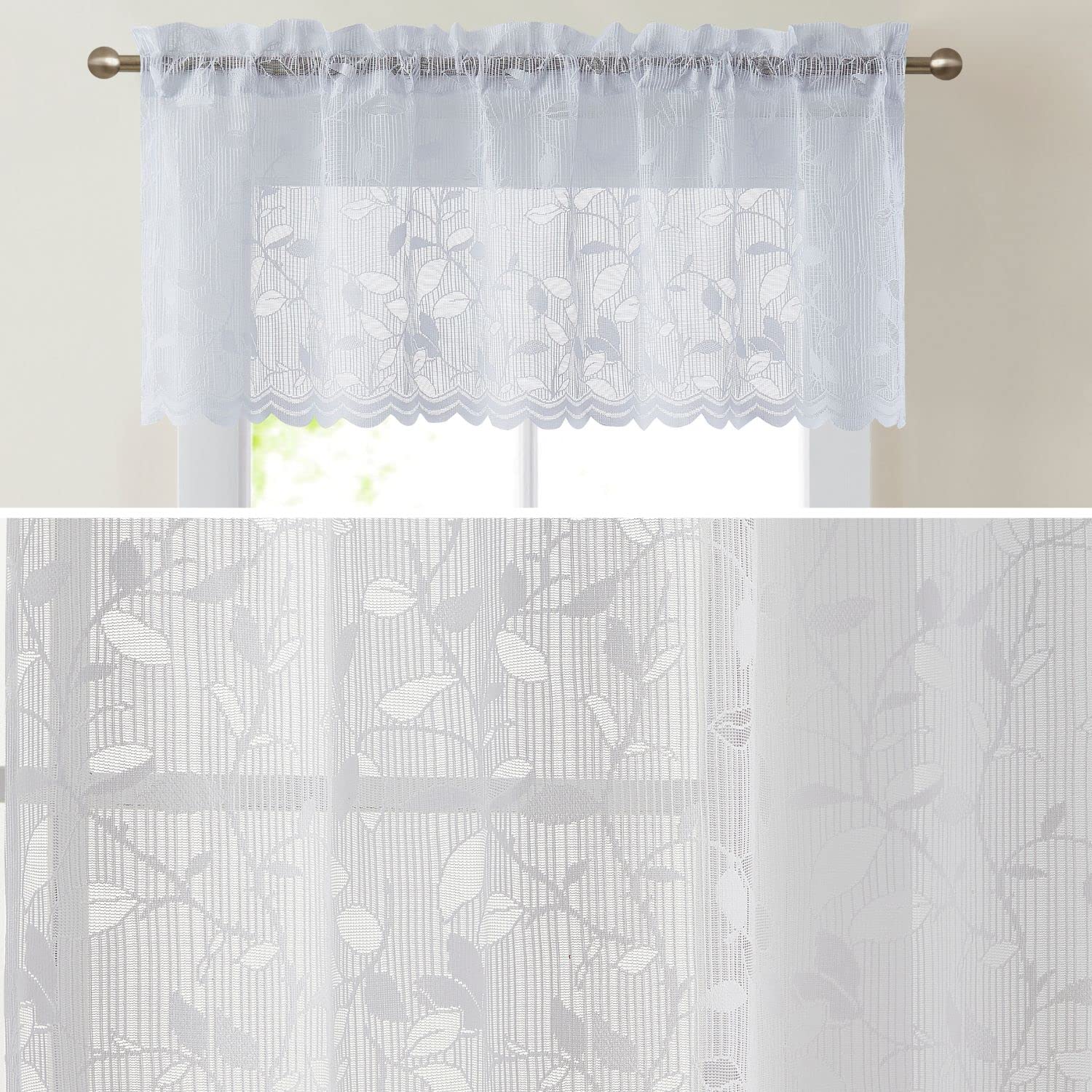 HLC.ME Joyce Lace Sheer Kitchen Curtain Valance Topper - Rod Pocket for Small Windows, Bathroom & Kitchen - 54 W x 18 L (White, 1 Valance)