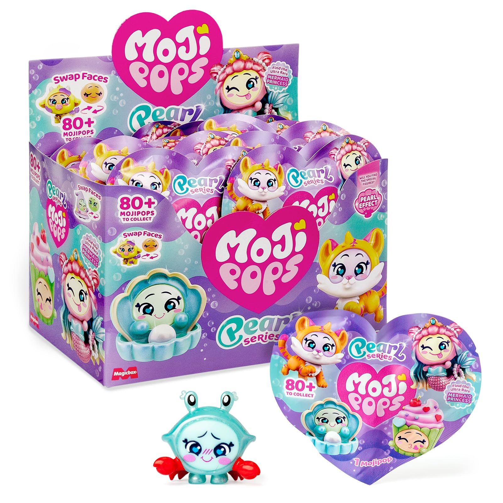 MOJI POPS Pearl Series - One Pack. Pudełko z 24 kopertami niespodzianek z figurkami kolekcjonerskimi z dwustronnymi buźkami. Każda koperta zawiera 1 niespodziankę Mojipop i 1 listę kontrolną