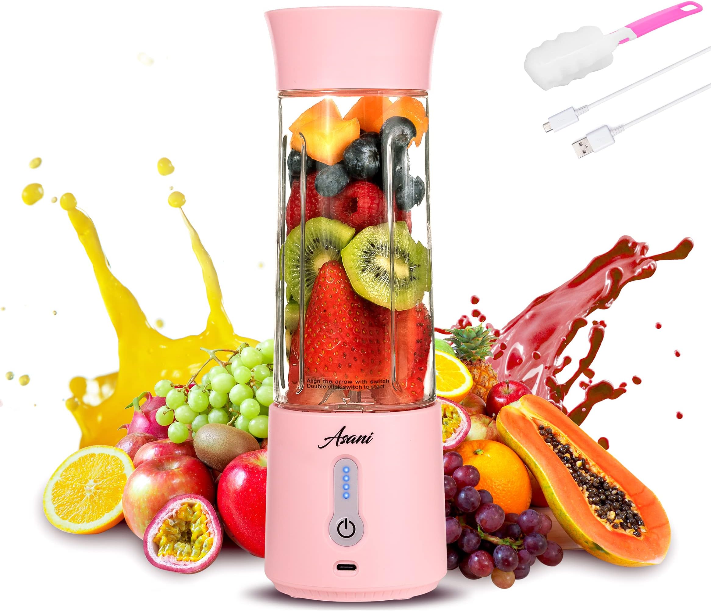 Asani Portable Blender for Shakes and Smoothies, USB Rechargeable Personal Mixer, Mini Blender, Strong Stainless-Steel Blades, & Powerful Motor, For Travel, Camping, Gym (Pink)