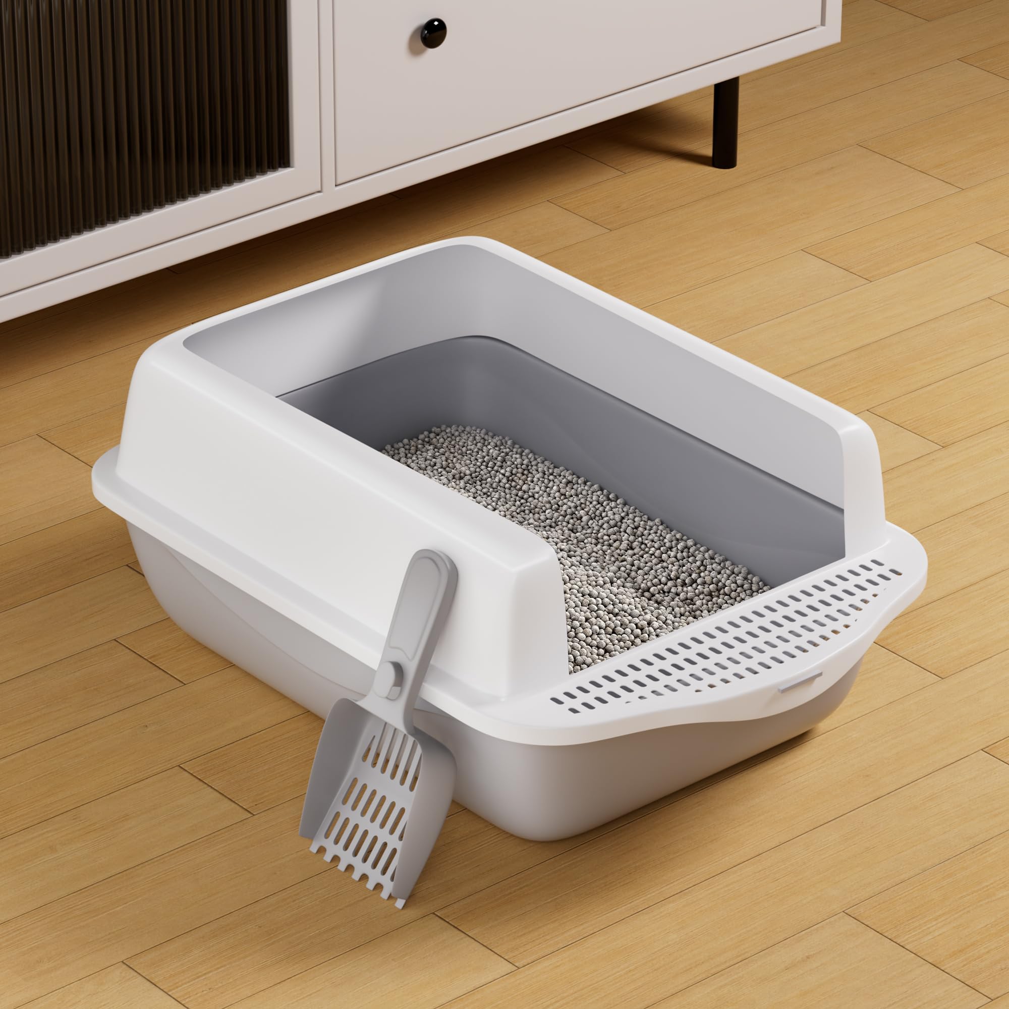 Cat Litter Tray with Scoop | Large Open-Top Plastic Litter Box | Deep Tray with Detachable Rim | Easy Clean Kitty Litter Box