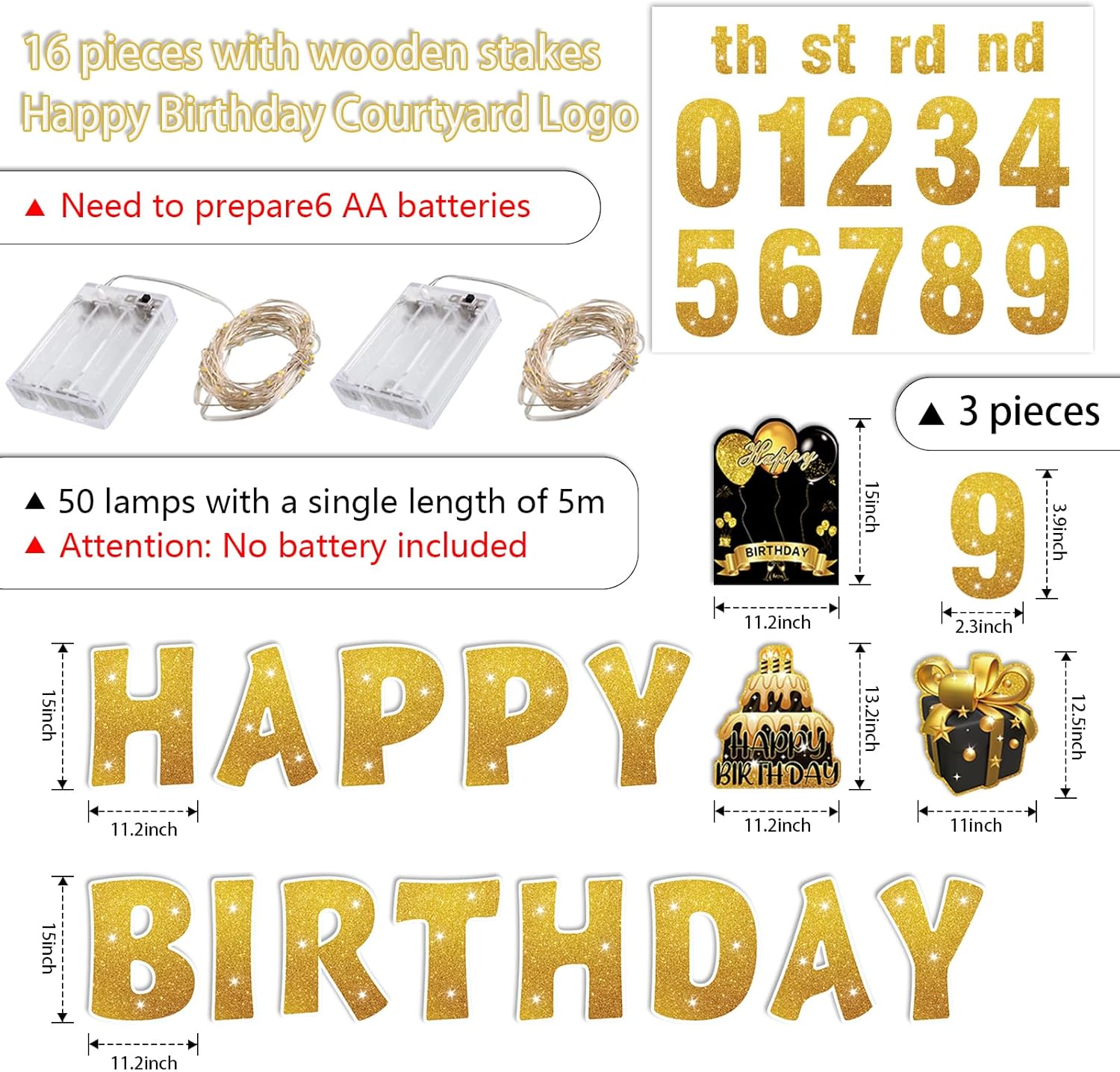 16Pcs Happy Birthday Yard Signs with Stakes,Gold Personalized Age Birthday Party Decorations Lawn Sign 42Pcs Number Stickers 15In Large Size Birthday Letters Patio Garden Outdoor Supplies