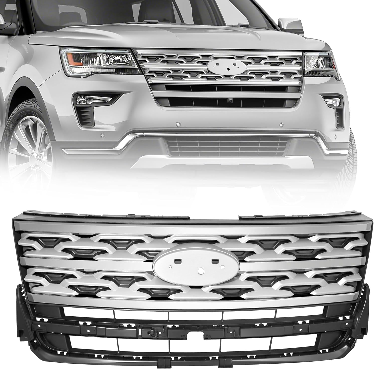 Grille Fit For 2018-2019 Ford Explorer Base/Limited/Platinum/Sport/XLT Sport Utility 4 - Door 2018 Ford Explorer 2019 Ford Explorer Chrome And Black