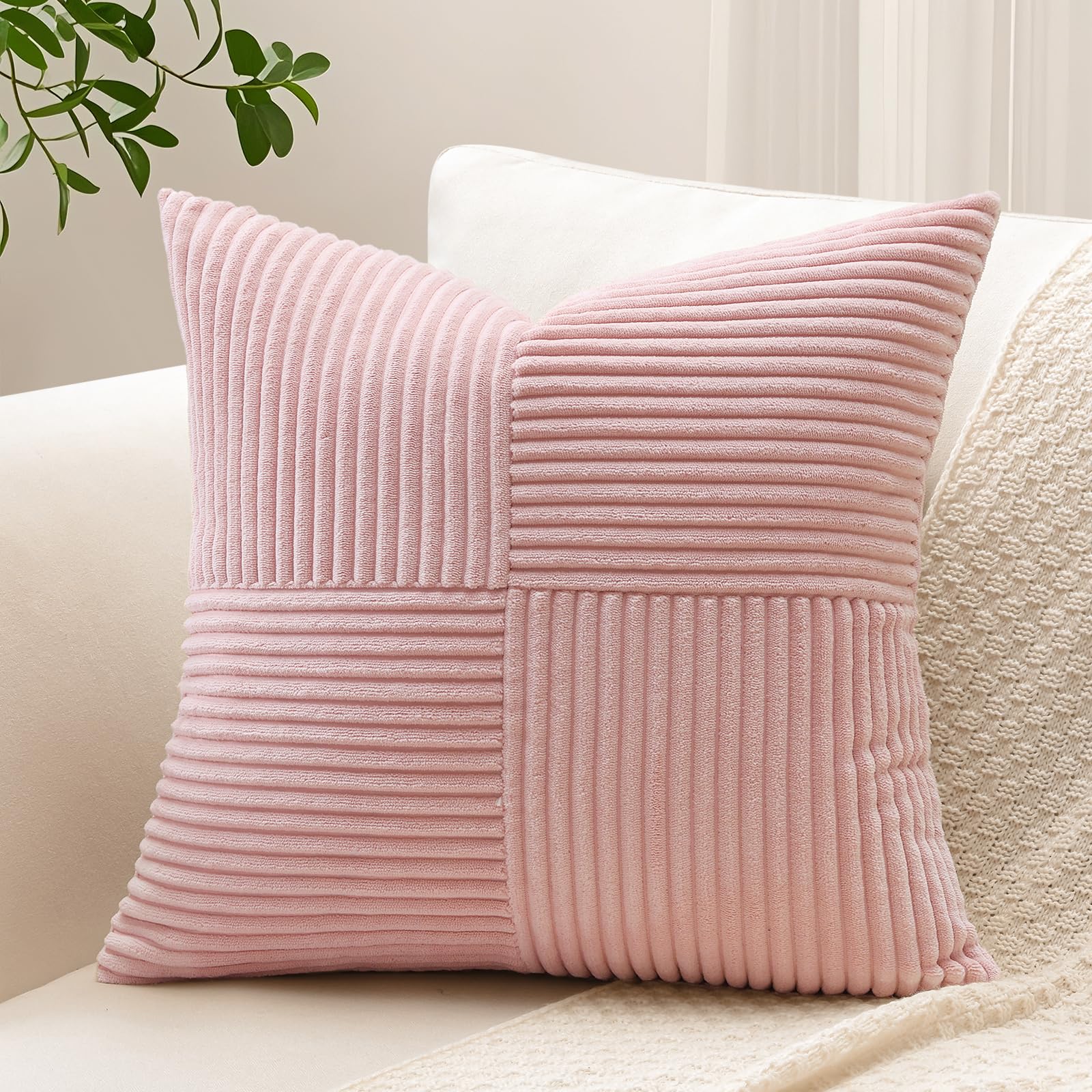 Sungeek Set of 1 Decorative Cushion Cover 45 x 45cm Soft Corduroy Striped Cross Patchwork Textured Pillow Covers Solid Square Throw Pillow Cases for Sofa Bed Patio 18x18 Inch, Pink