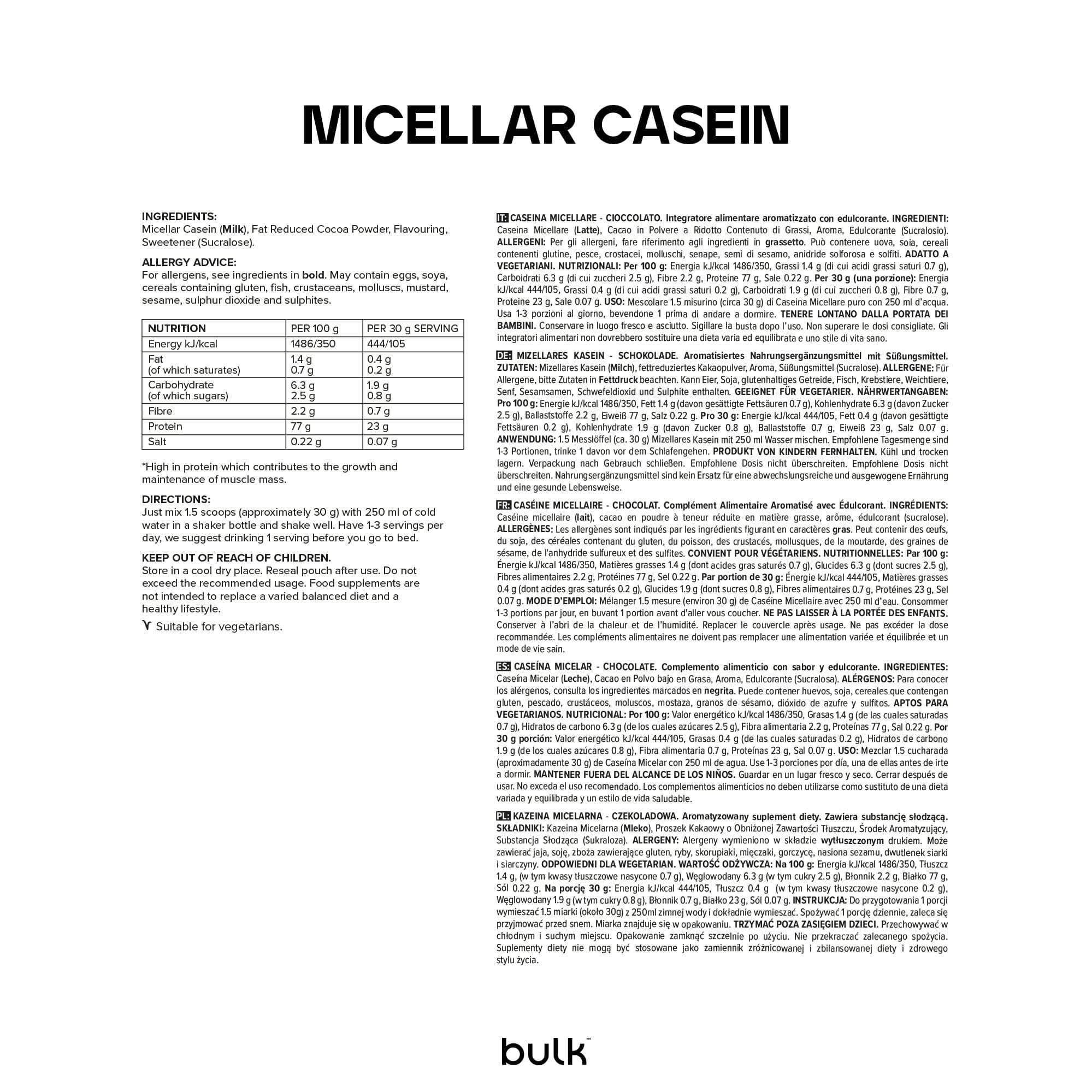 Bulk Caseina micellare, Frullato proteico, Cioccolato, 2.5 kg, 83 porzioni