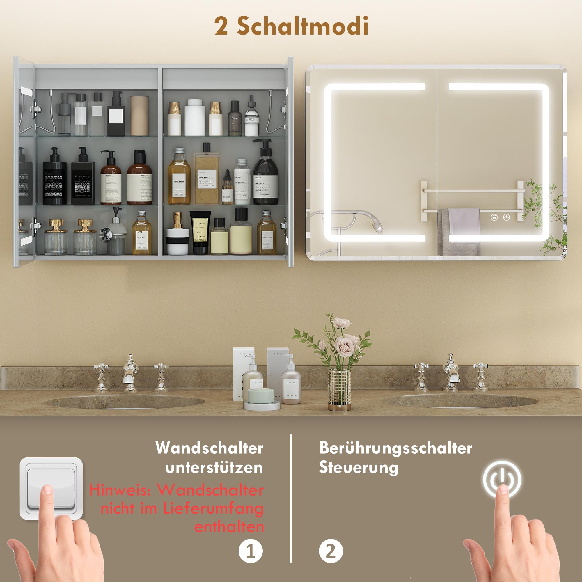 HOMCOM Szafka z lustrem do łazienki z LED i dwustronnymi lustrami, szafka łazienkowa z regulowaną półką, wisząca, regulowane oświetlenie w 3 kolorach, odparowywanie, 80x60x13,5 cm, srebrny