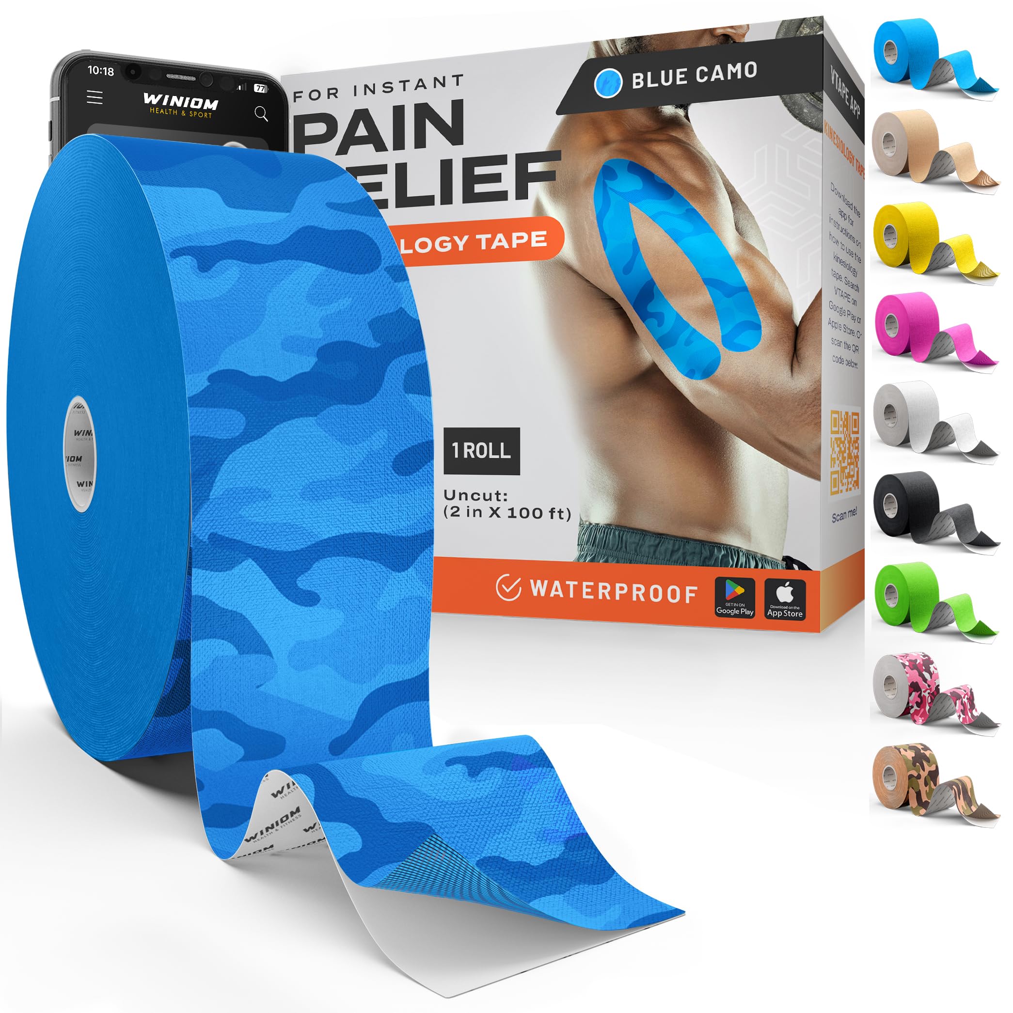 Kinesiology Tape - Waterproof Athletic Sports Tape for Knee, Shoulder, Arm &amp; Back Support | 3-5 Day Adhesion, Hypoallergenic &amp; Latex-Free + Taping Guide (Uncut, 2"x100ft Roll, Electric Blue Camo)