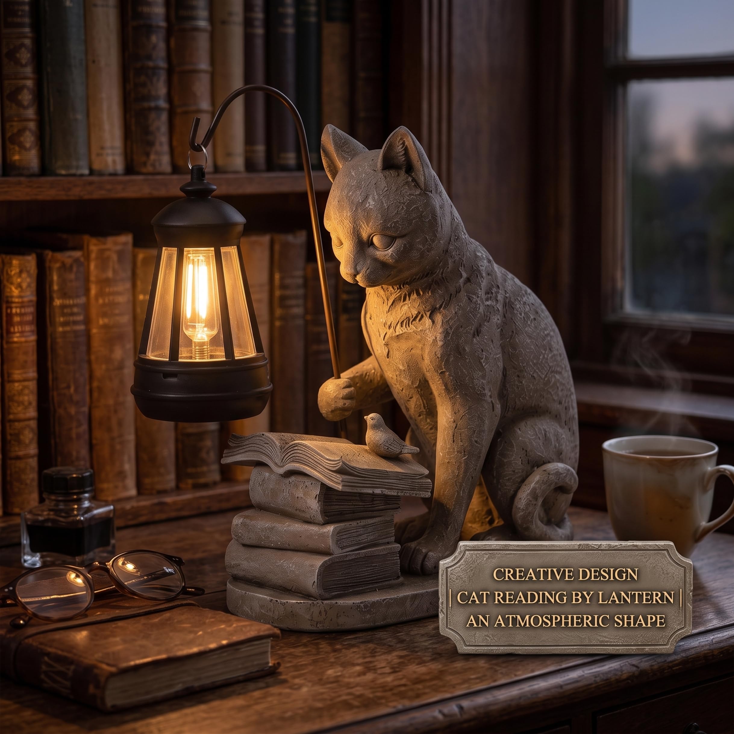 Luci solari per gatti da giardino all'aperto, statua in resina da 8, 3 pollici per gatti con libro di lettura con lanterna solare, figurine decorative impermeabili per patio, decorazioni per prato e b