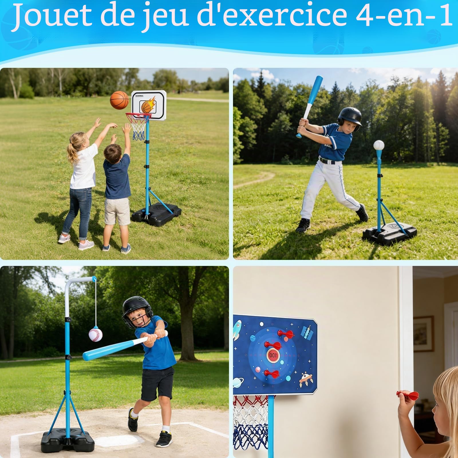 Panier de Basket Enfant 4 en 1 Basket et Fléchettes et Suspendu Baseball Enfant Hauteur Réglable 108-160 cm Panier de Basket Extérieur et Intérieur pour Enfants de 3 à 8 Ans
