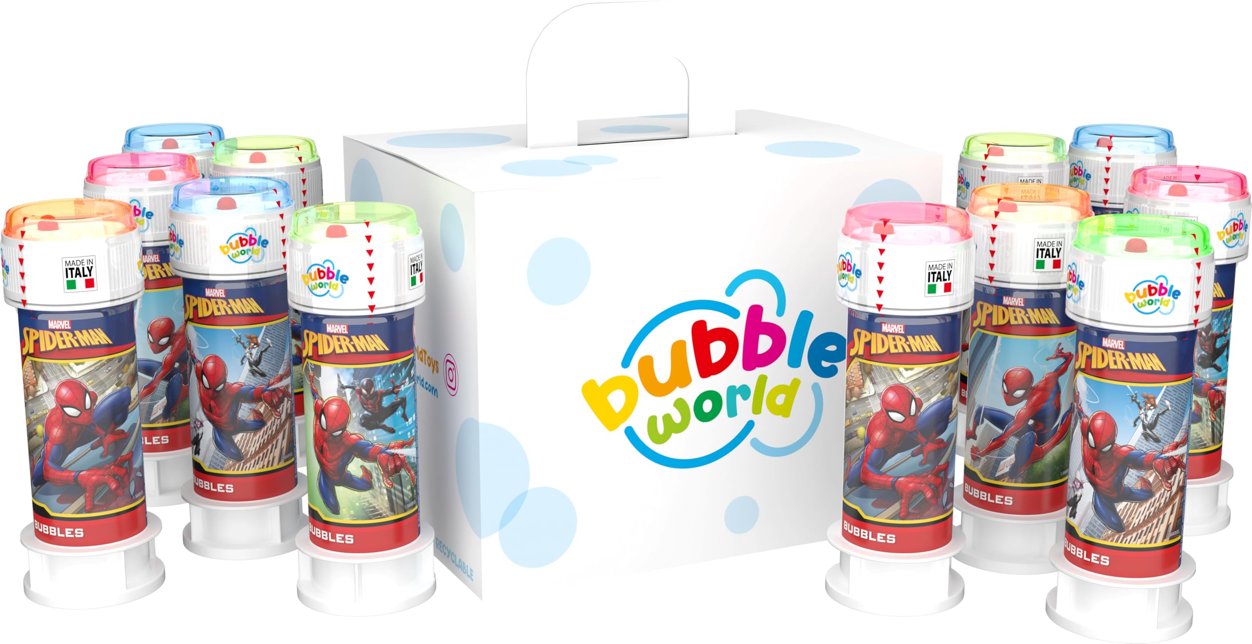 Bubble World – Spiderman Soap Bubbles for Children – Party Pack of 12 x 60 ml – Birthday Gadget with Superheroes Theme – Made in Italy