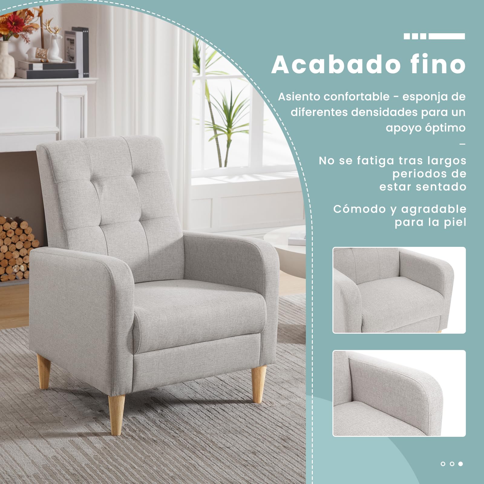 WOLTU Sillon de Relax, Butaca Orejera con Respaldo Alto, Sofá Individual con Reposabrazos, Sillón Lounge para Salón, Dormitorio y Balcón, Patas Madera Maciza, Lino, Gris Claro, SKS41hgr