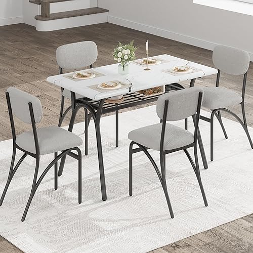 Miniatura 7 de GarveeHome Juego de mesa de comedor de 5 piezas para 4, mesa de cocina moderna con 4 sillas de bouclé, mesa de comedor rectangular con estante de