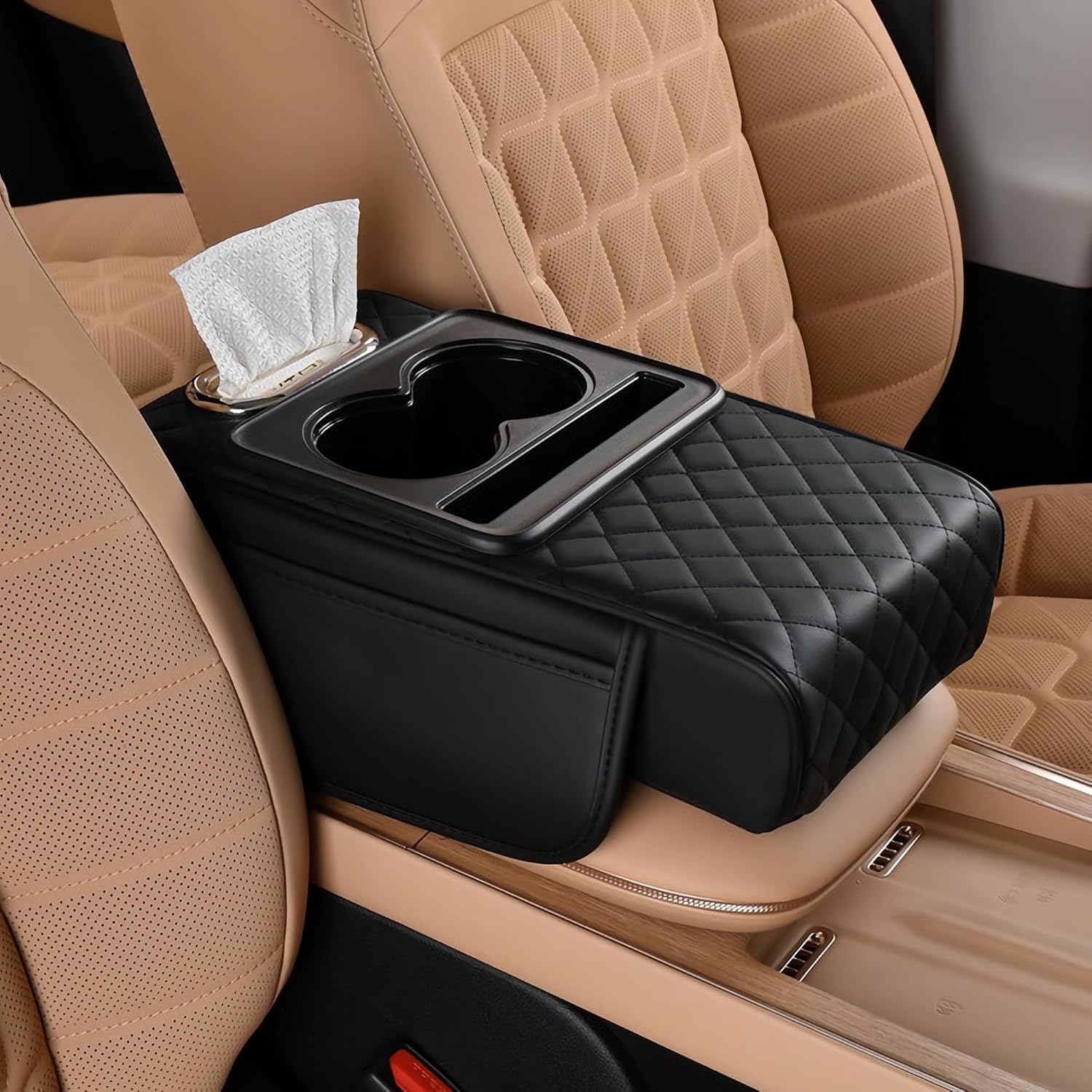 FREESOO Car Center Console Cover, Leather Armrest Cover for Car, Universal Middle Console Cushion with Storage Box, Cup Holder, Tissue Box & Phone Slot, Luxury Waterproof Interior Accessories, Black