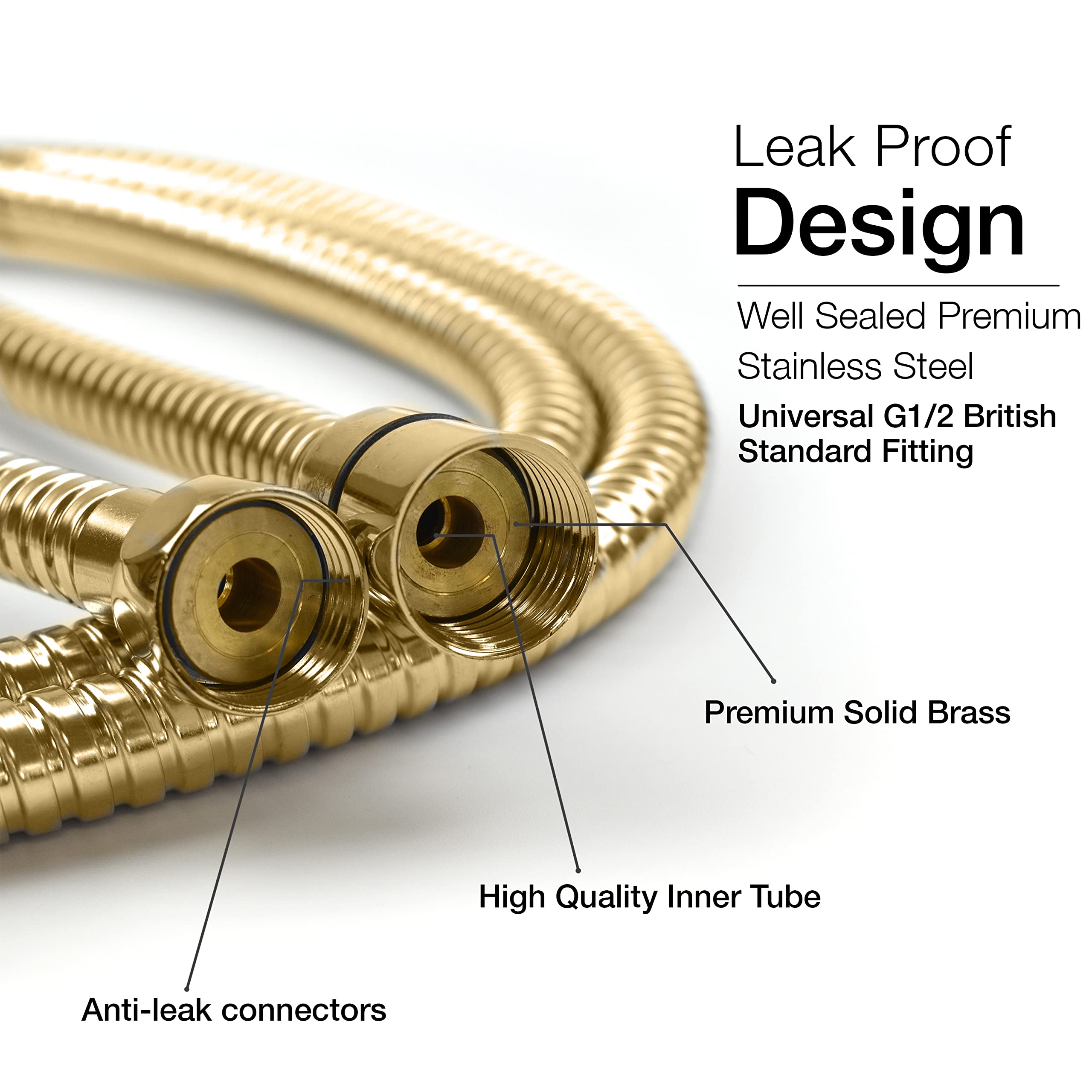 Xcel Home™ 1.2m Gold Leakproof Flexible Stainless Steel Anti-Kink Shower Hose with Solid Connector, 1.2 meters - Image 2