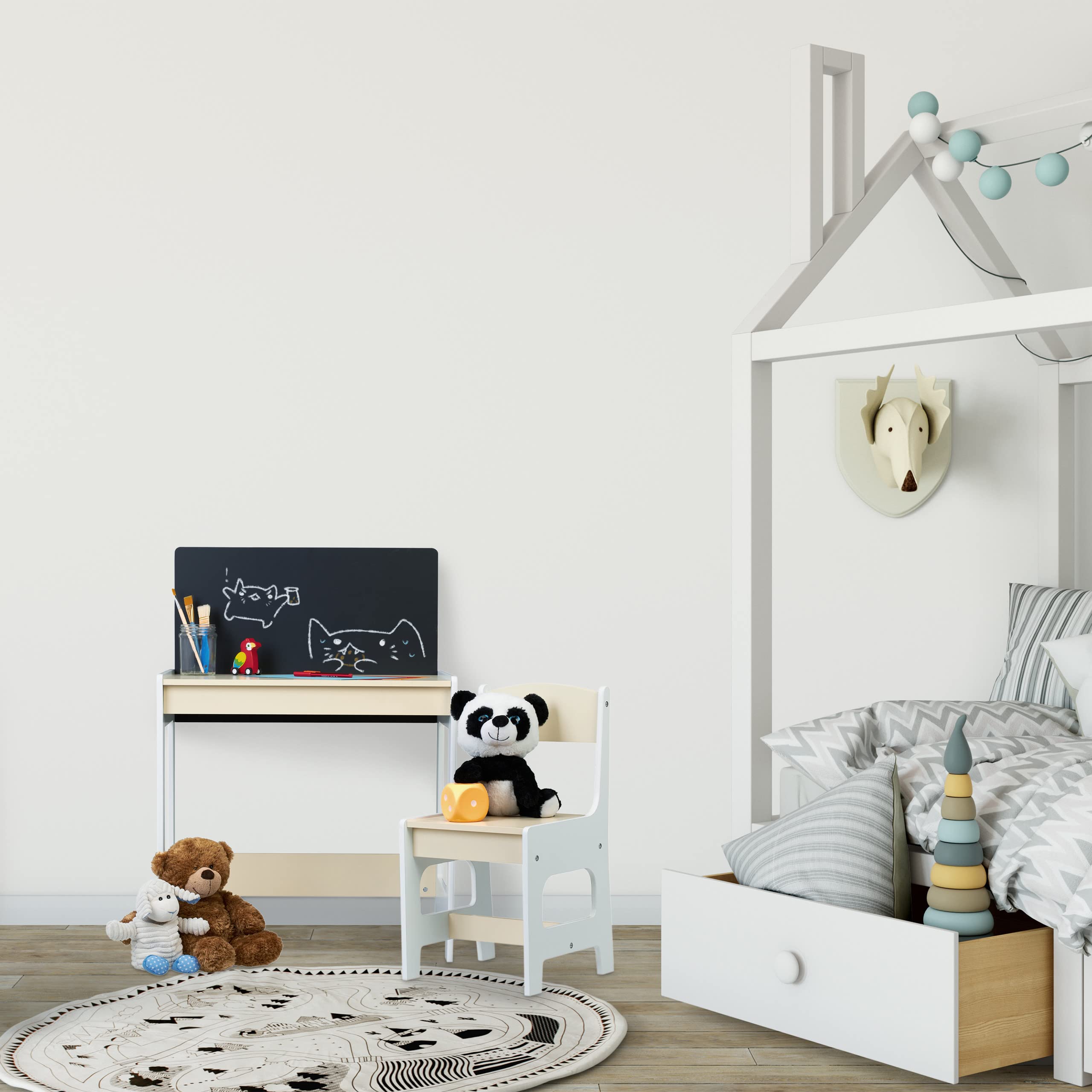 Relaxdays mobilier Enfants Bureau & Chaise, Table avec Tableau, pour Peindre et bricoler, lot pour Petits, Blanc - Beige