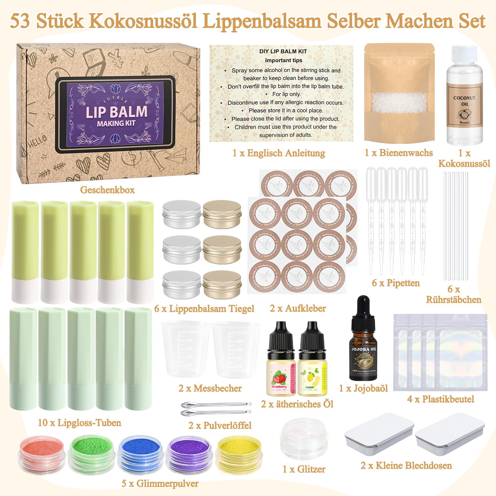Lipgloss Selber Machen, JUYRLE Lippenbalsam Making Kit, Feuchtigkeitsspendend Kokosöl Mädchen Lippenpflege Lippenstift DIY Herstellungsset Set, Einfaches Kosmetik Make Up Geschenk für Frauen/Damen