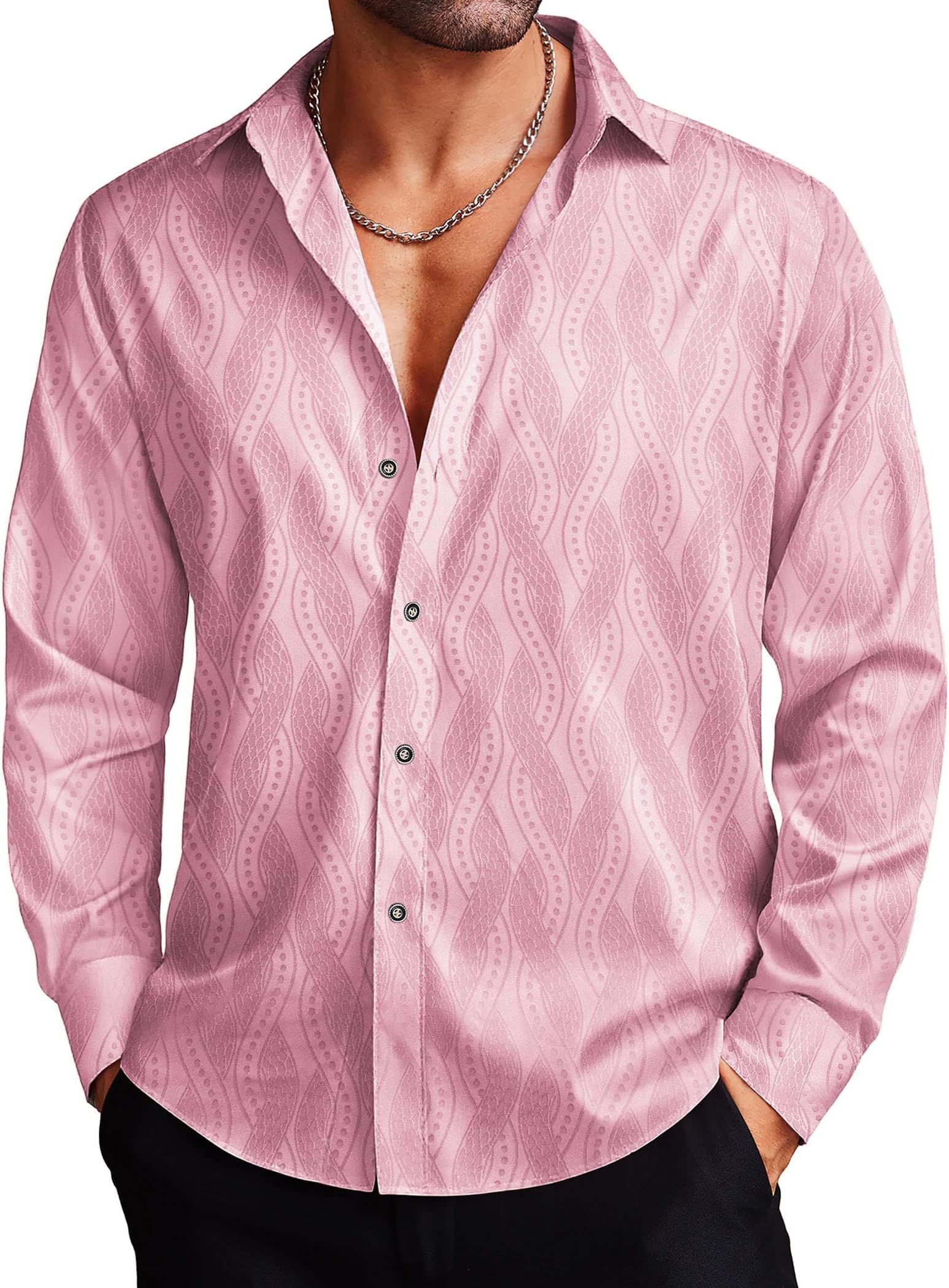 Men's Silk Satin Dress Shirts Jacquard Long Sleeve Floral Button Up Shirts Party Prom Wedding Shirt