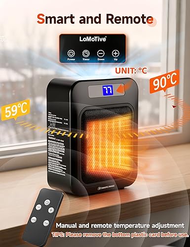 Miniatura 2 de Calentador de espacio pequeño y portátil, mini calentadores para uso en interiores con termostato y control remoto, calentador de cerámica PTC de