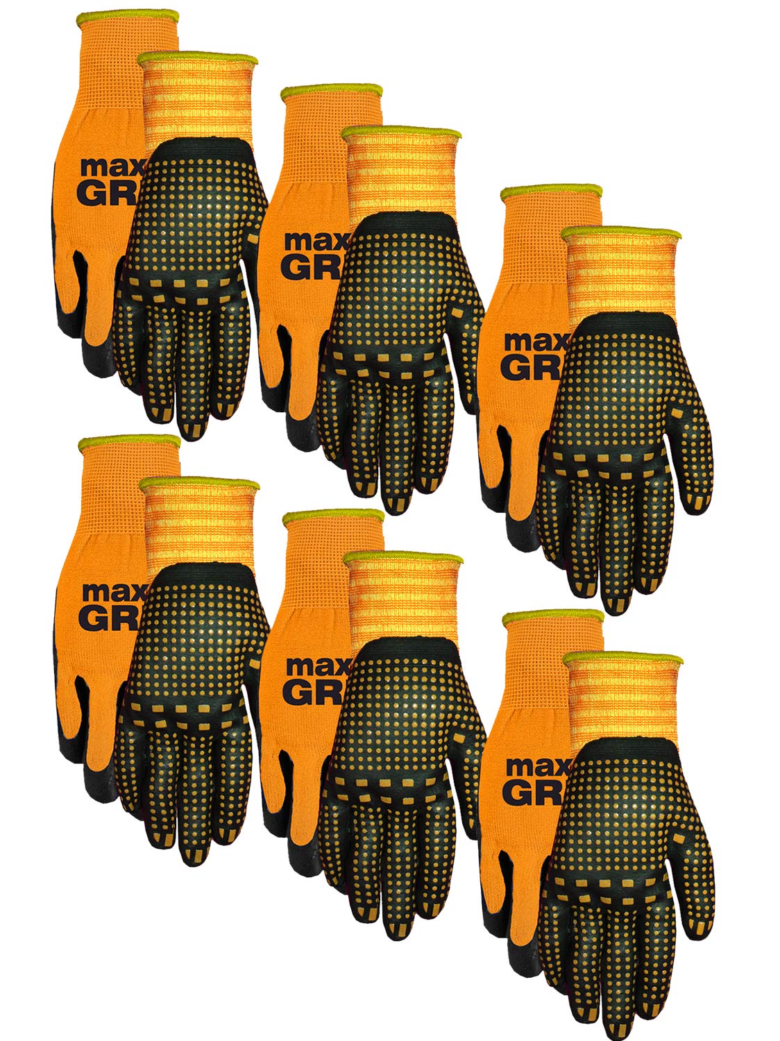 Midwest Gloves & Gear 94P06-LX-00 Grip 6 Pack Men's Max Performance Glove, Orange- Fits Large-XL