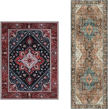 Ciicool Washable Vintage Area Rug, 5x7 ft and 2.6x8 ft Boho Rug, Ultra Soft Rugs for Living Room, Non-Slip Soft Rugs Oriental Low-Pile Indoor Floor Carpet for Dining Room Hallway
