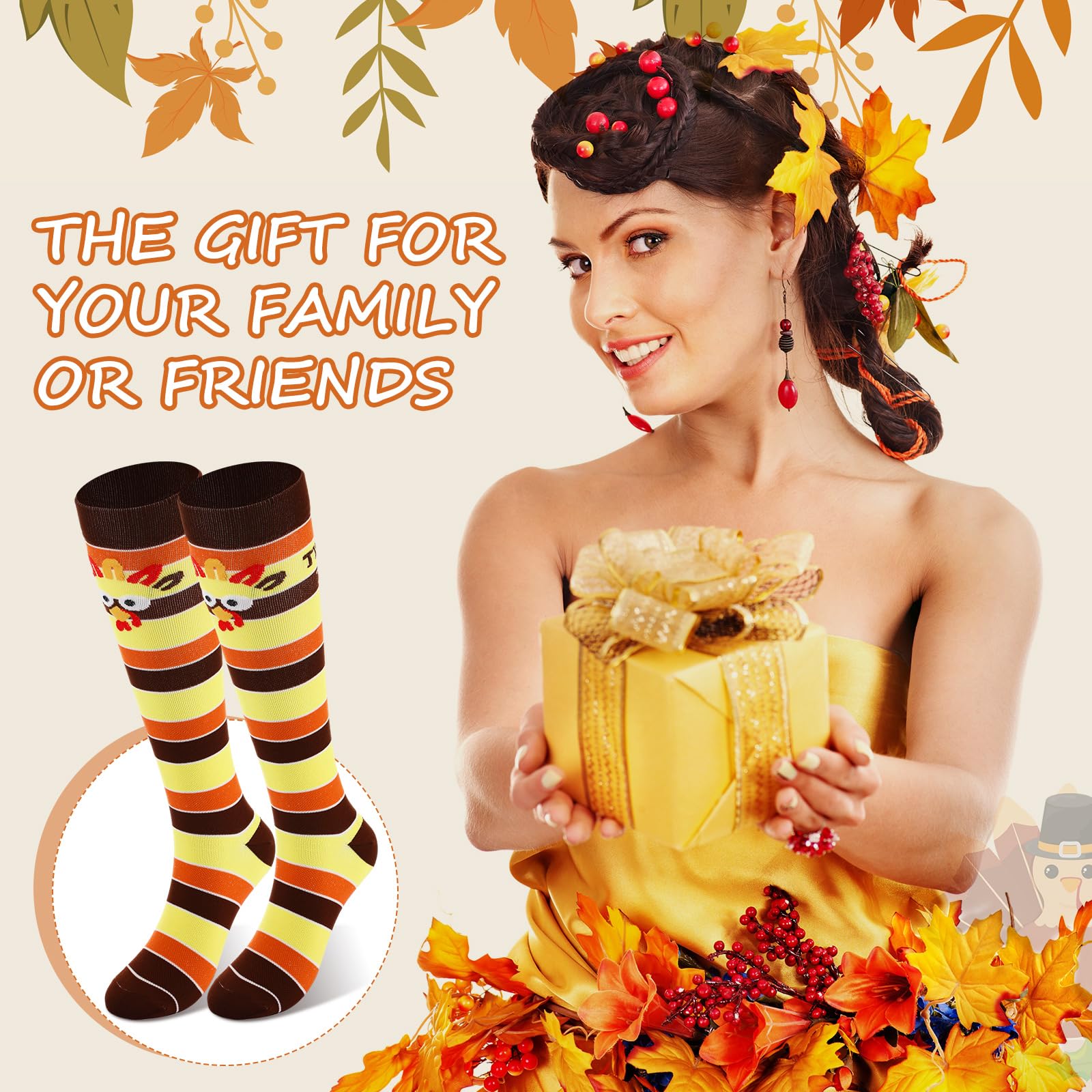 Xtinmee 12 pares de calcetines para correr de Acción de Gracias, calcetines de pavo para mujer, calcetines altos hasta la rodilla con rayas, calcetines de pavo para correr para mujeres y hombres,