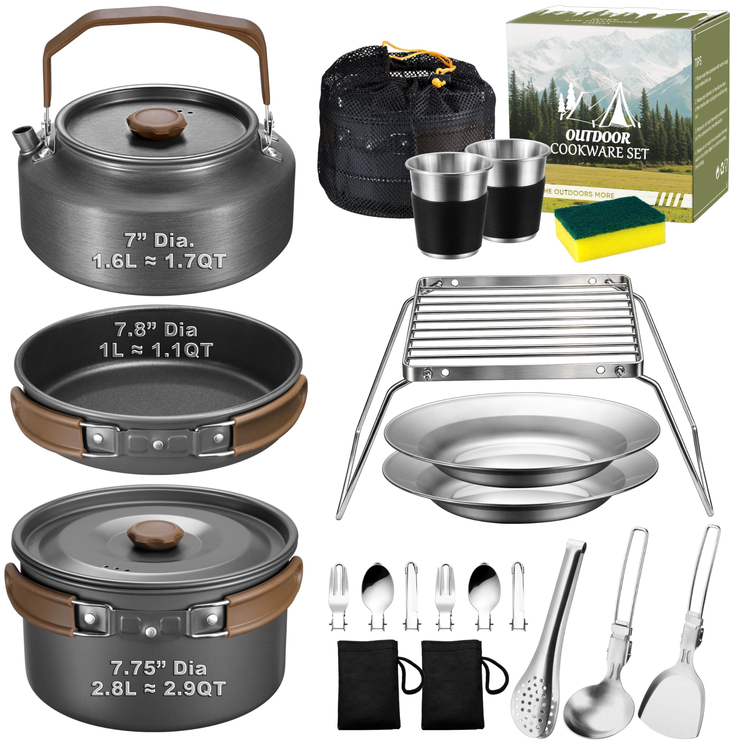 18Pcs Camping Cookware Mess Kit, Joyfair 7.8” Nonstick Camp Cooking Utensil Set (Pot, Pan, Kettle, Grill Grate), Outdoor Backpacking Gear Open Fire Essentials Accessories, Compact/Portable/Lightweight