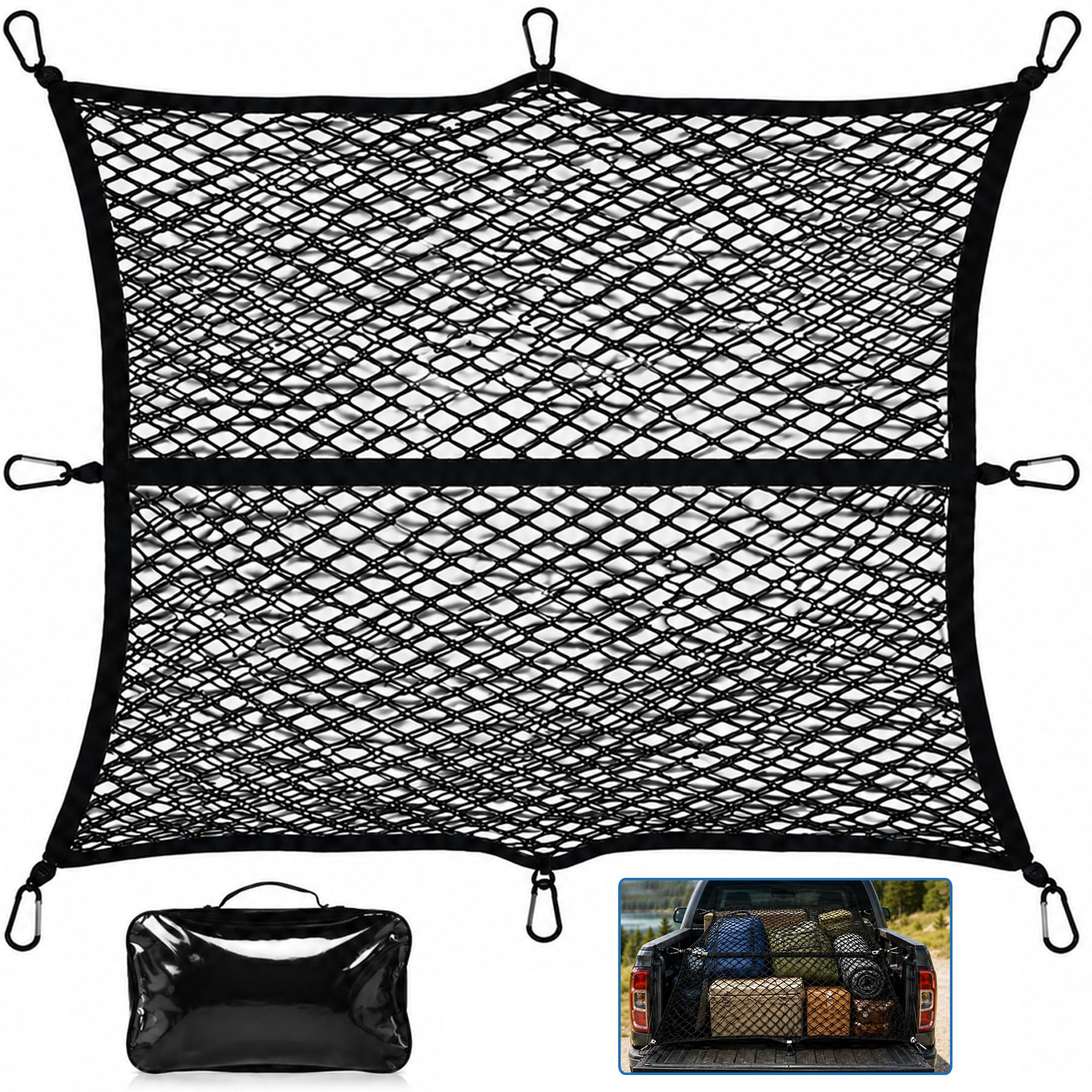 Ladungsnetz für Pickup Truck und SUV, schwarz, Doppellagiges Gepäcknetz mit 8 Metallhaken, Transportnetz für ATV, Anhänger und Boot, 120x 120cm dehnbar bis 210x 210 cm