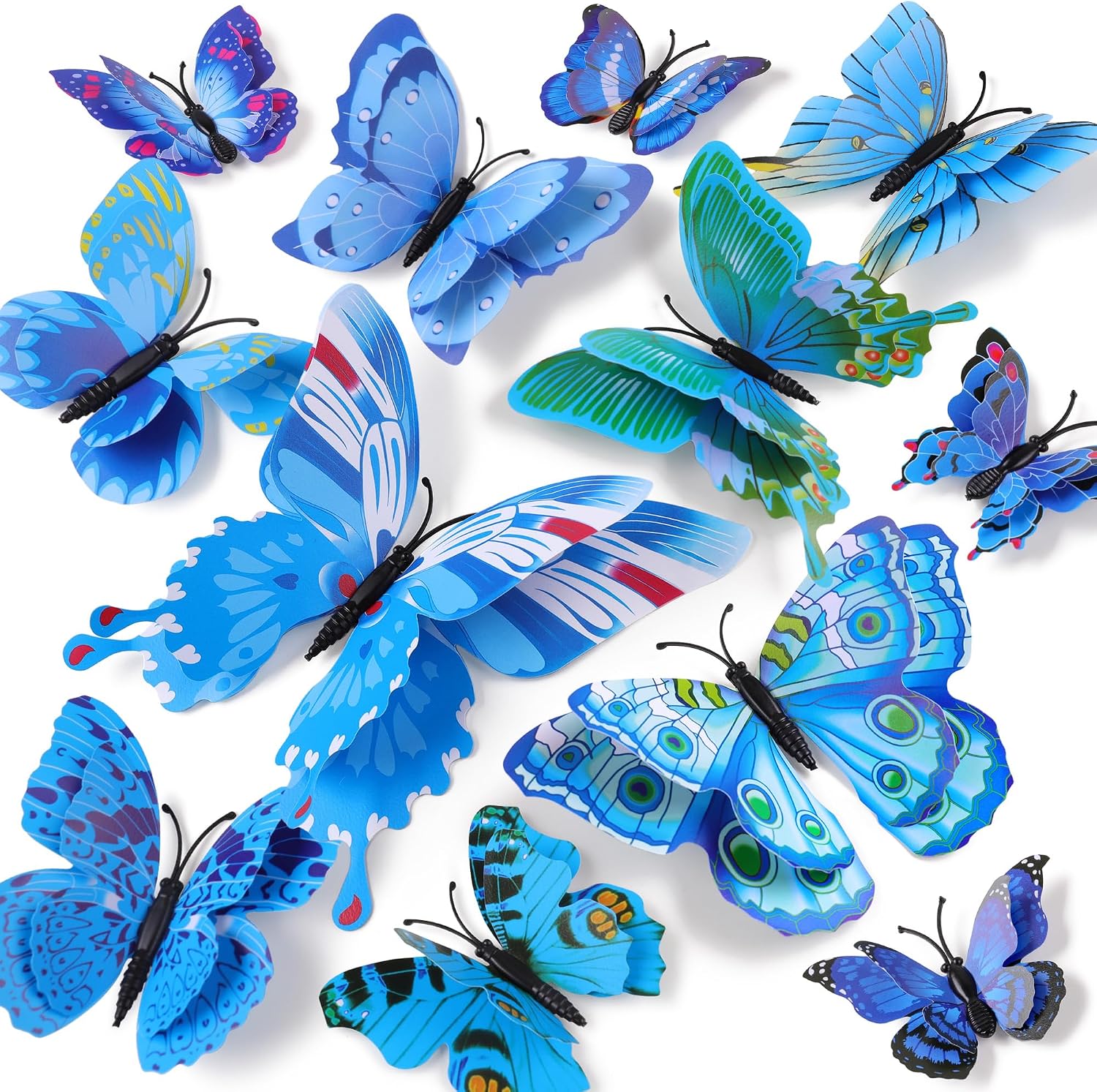 24/48 Pcs Double Wings Magnetic 3D Butterfly Wall Decor Stickers 4 Sizes Butterflies Decals Decor for Home Kids Bedroom Party Wedding Refrigerator Window Decoration (48, Blue)