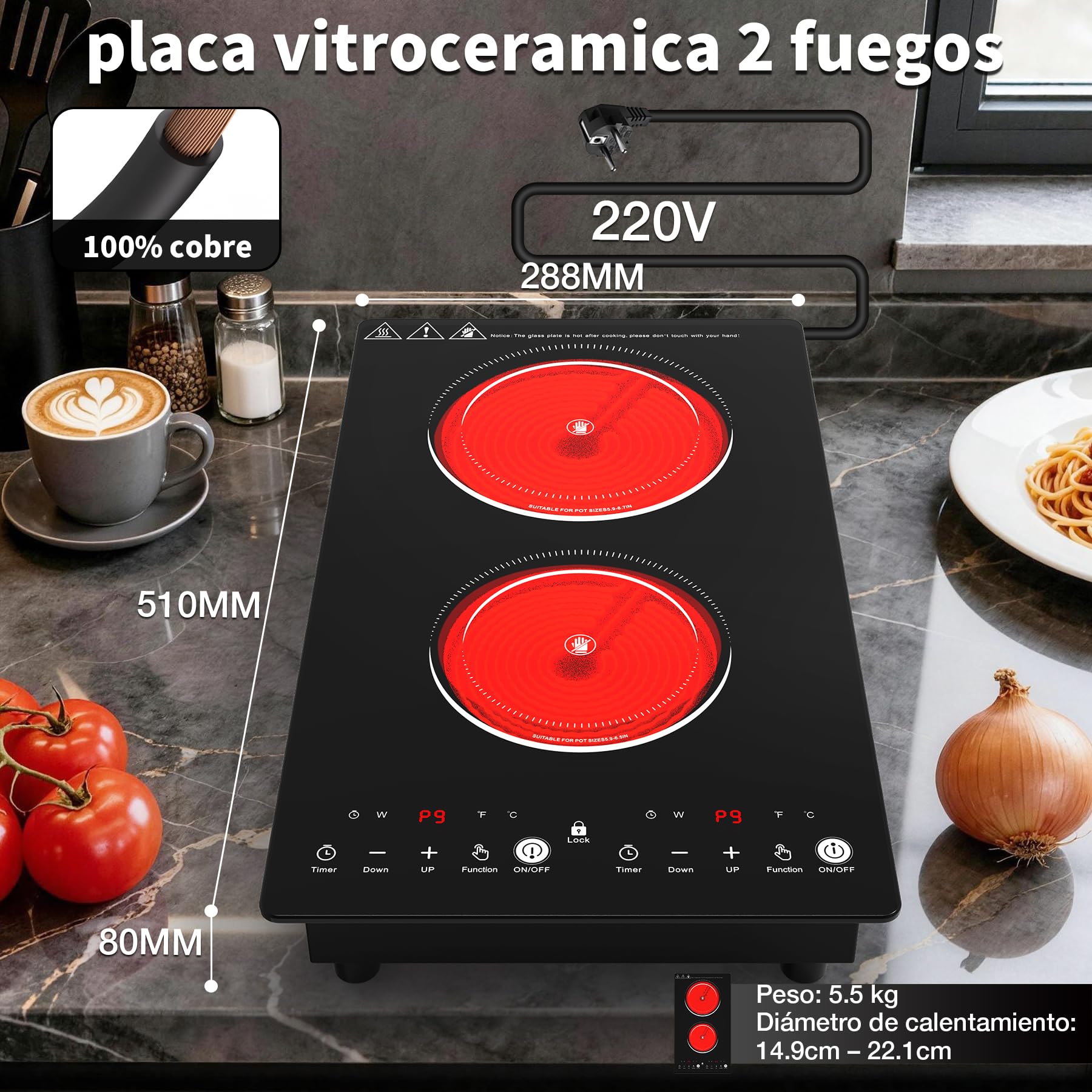 VBGK placa vitroceramica，220V 3000W placa de vitroceramica con control táctil LED, 9 niveles de potencia, bloqueo de seguridad infantil, temporizador de 2 horas.