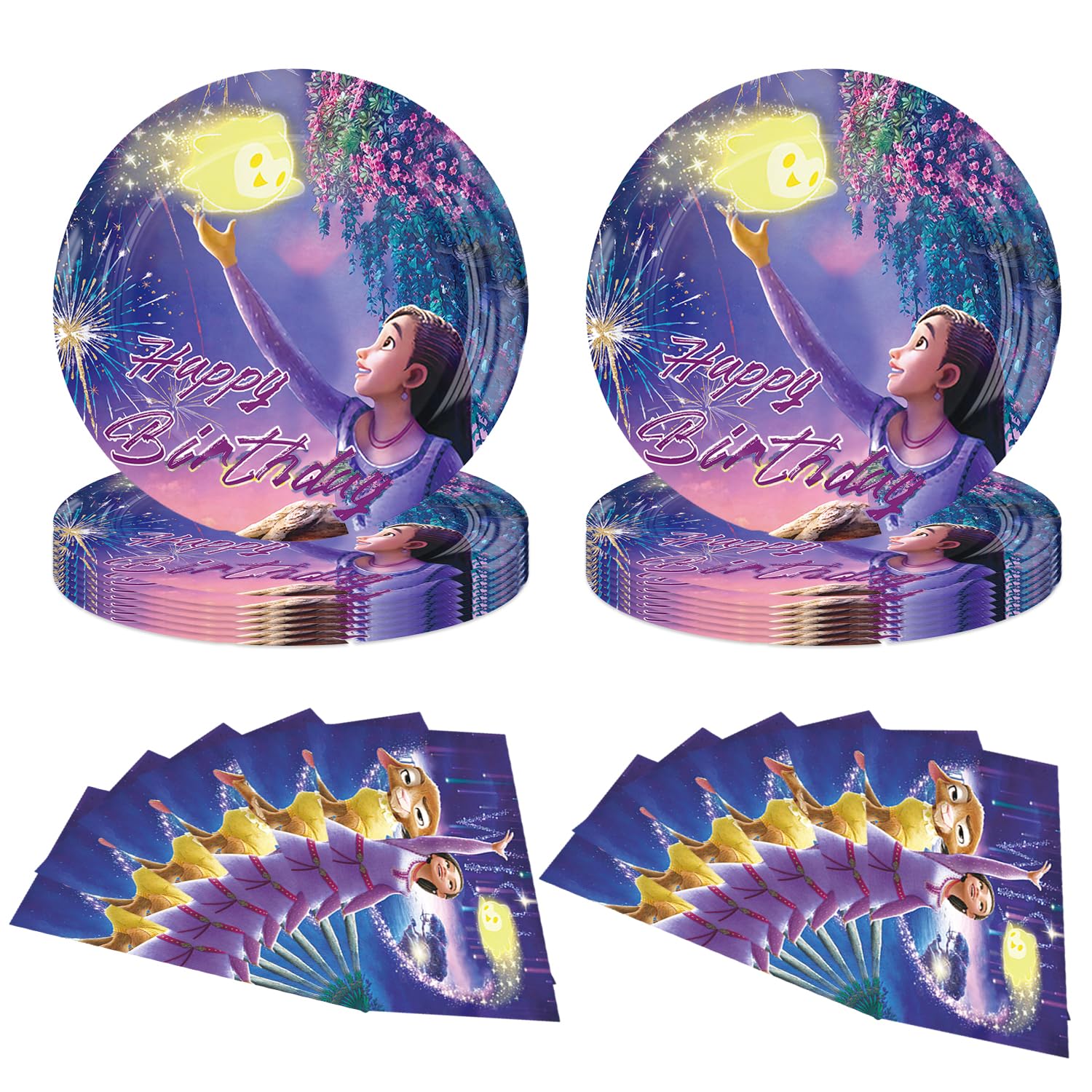 40pcs Dsney Wish Asha Birthday Party Supplies ,Wish Asha themed birthdays decorations，include 40pcs Disposable Napkins Paper Plates，for kids Birthday