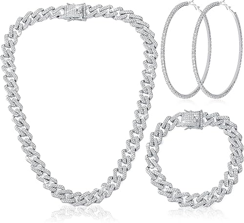 Batiyeer 3 piezas de collar de cadena de eslabones cubanos con diamantes de imitación, joyería de hip hop de cristal brillante para mujer