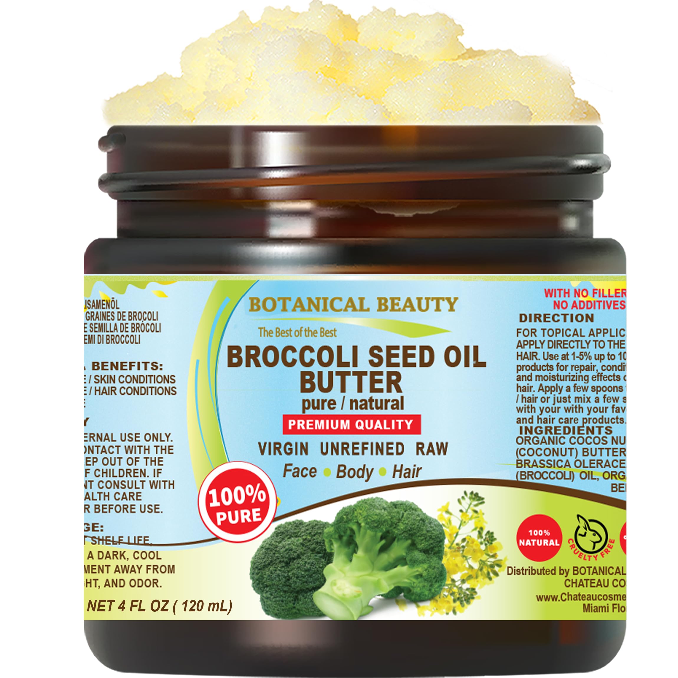 Botanical Beauty BROCCOLI OIL BUTTER 100% Natural Pure VIRGIN UNREFINED Cold-Pressed for Face, Skin, Body, Hair, Lip, Nails. Rich in Vitamin C,