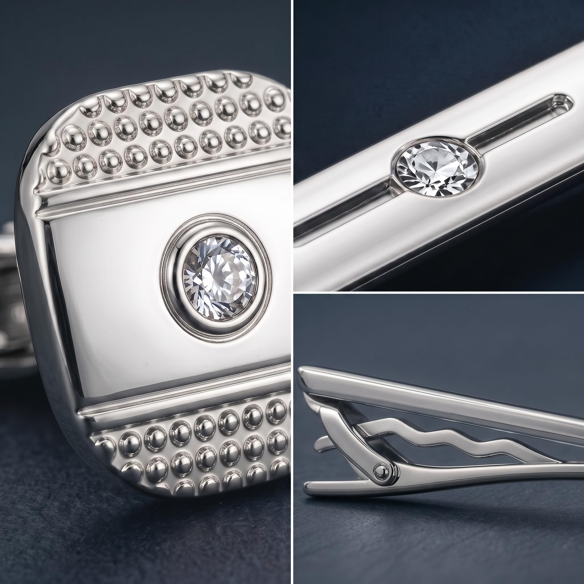 Juego de gemelos y clip de corbata con diamantes de imitación para hombre