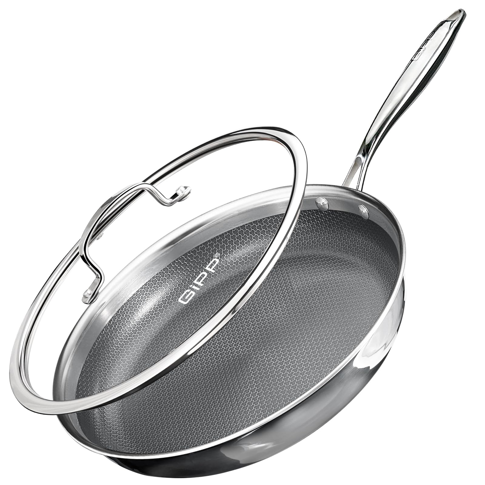 GiPP Antihaft Edelstahl Bratpfanne, Dreischicht Edelstahlpfanne,Waben Anti-Haftbeschichtung,Profi-Kochgeschirr zum Anbraten für Alle Herdarten Geeignet(30CM mit Deckel)