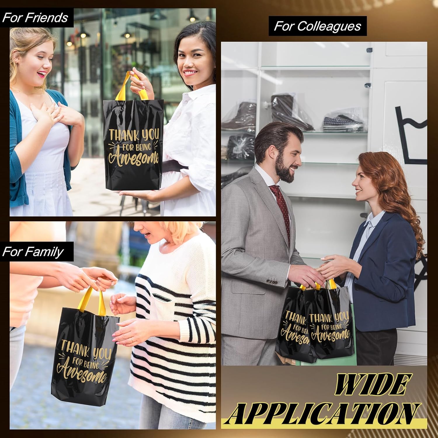 Kolldenn 50 Pcs Thank You Gifts Bags Employee Appreciation Goodie Bags with Handles Congrats Reusable Plastic Party Favors for Gift Wrapping(Black Gold,Thank You for Being Awesome) - Image 3