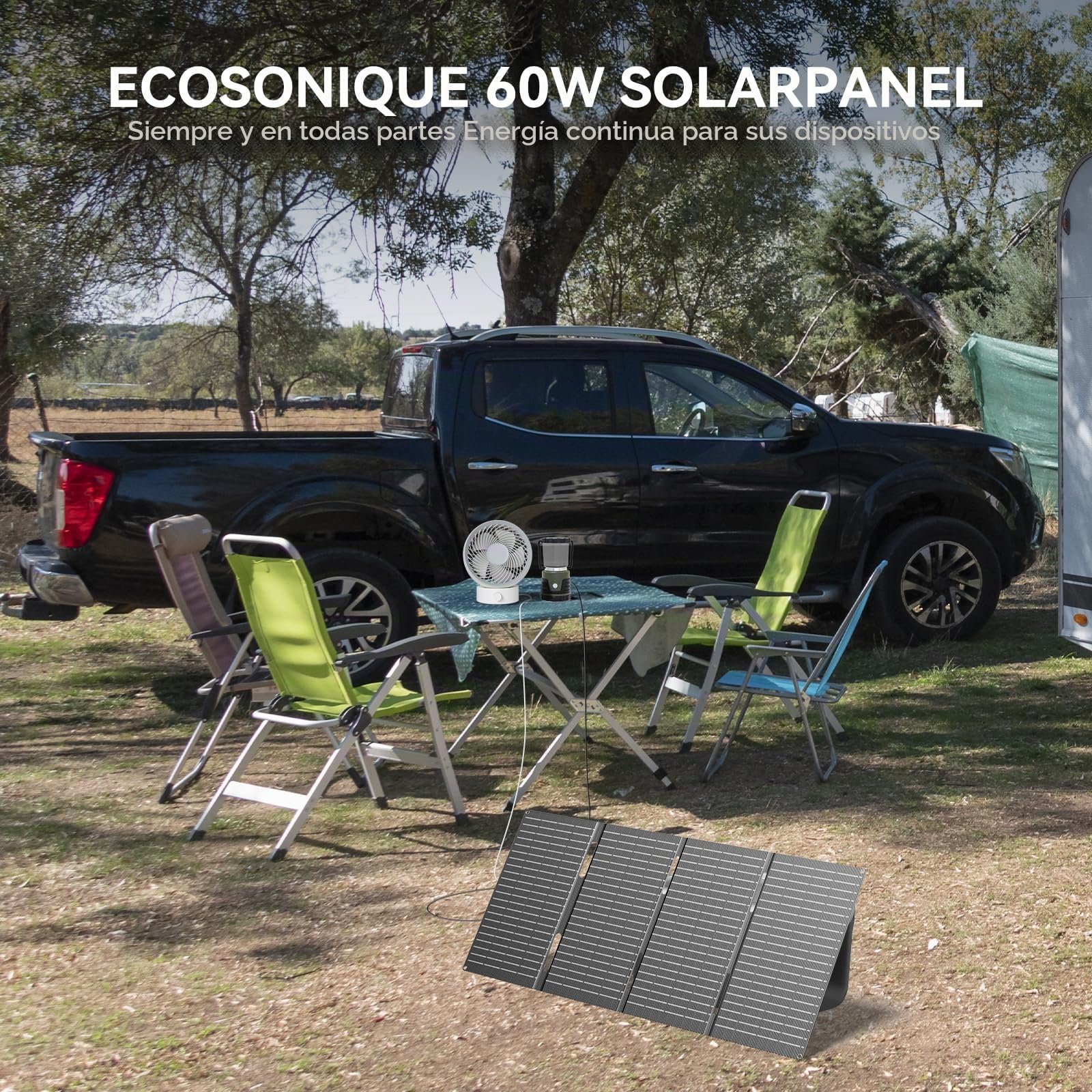 Ecosonique Panel Solar Portatil 60w ETFE 23% Eficiencia, Carga Rápida USB-C PD3.0 Y USB-A QC3.0, Salida De 18 V CC, Cargador Solar Para Central Eléctrica, Camping, Autocaravana Y Emergencias