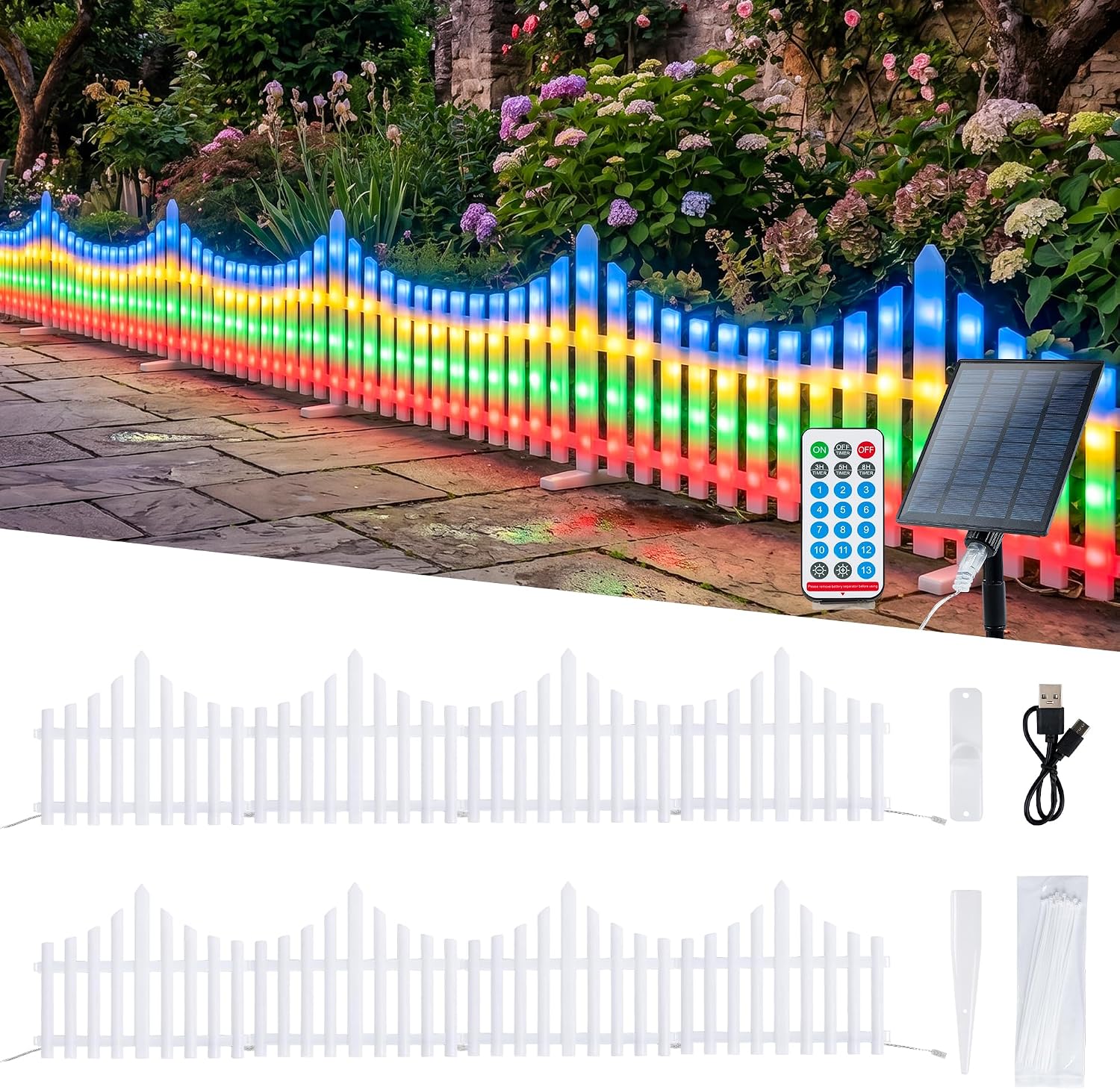 Hopolon 8 Pack Multicolor Picket Fence Lights, 11.1in (H) X 9.1ft (L)