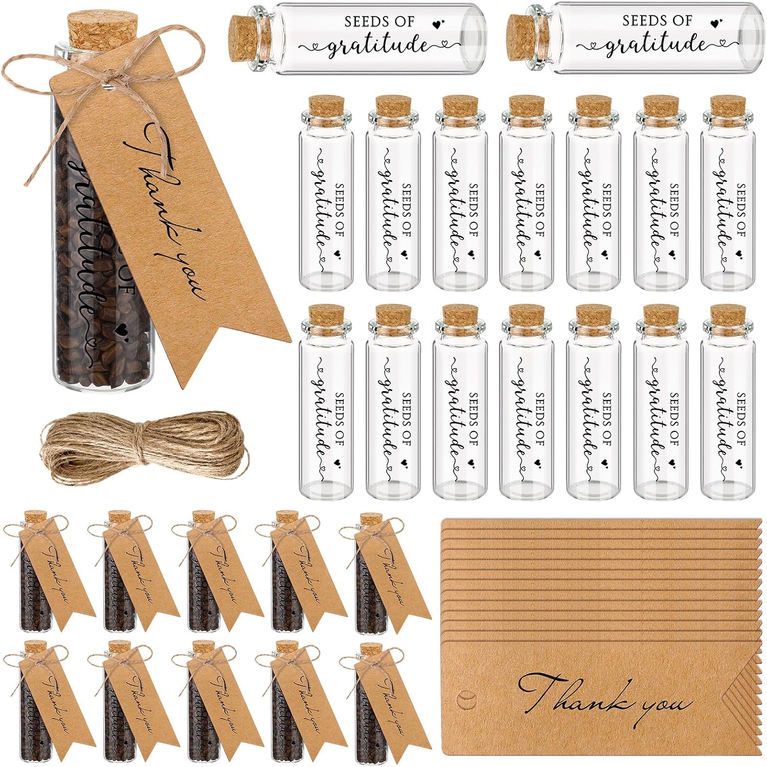 Chuangdi 50 Set Seeds of Gratitude Seed Glass Bottles Bulk Employee Appreciation Gift with Thank You Tags and Twine Thank You Gifts for Baby Shower Wedding Graduation, No Seed
